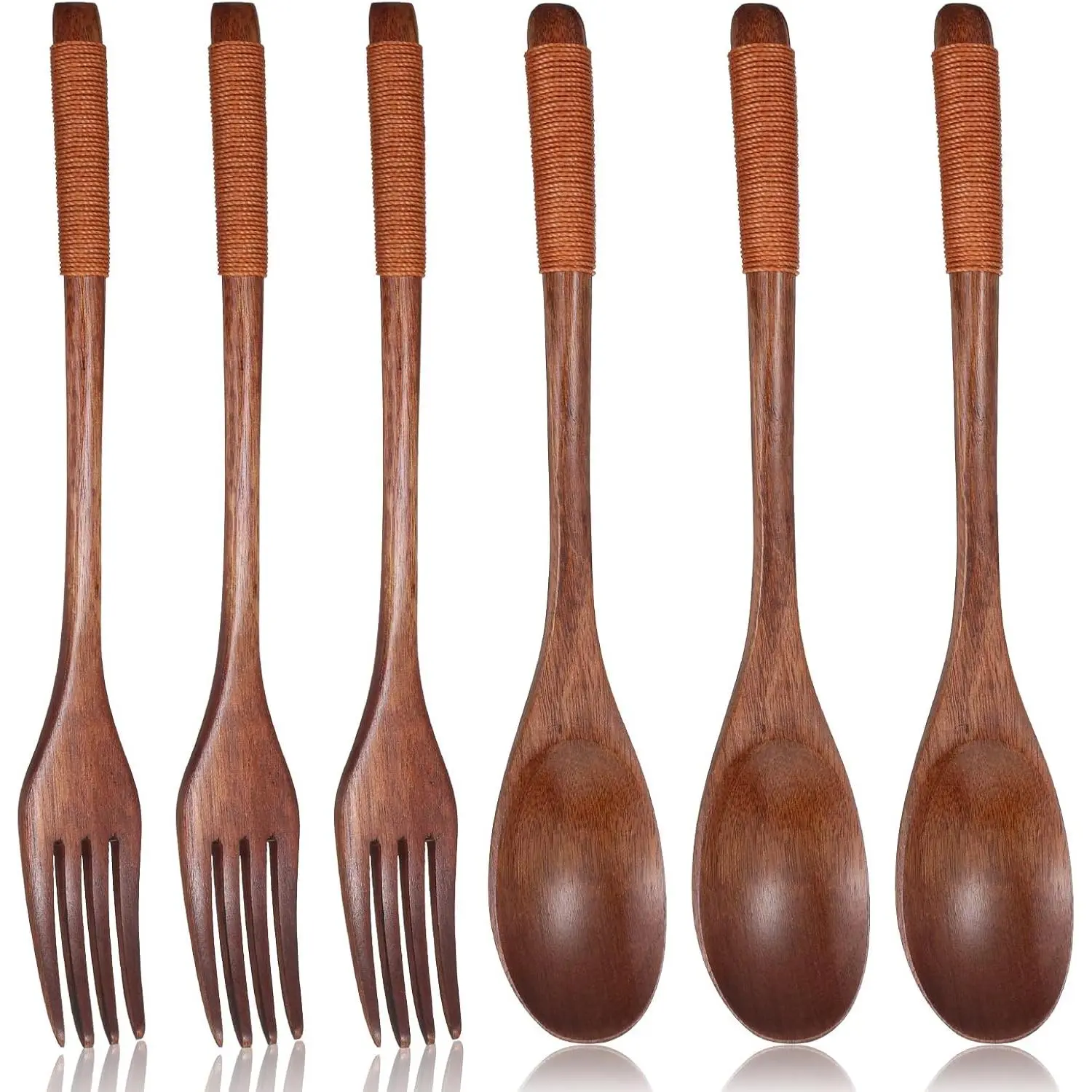6 count Wooden Spoon and Fork Set for Eating Anti-slip Handle with Thread Wrapping  Spoons Forks Cutlery Set Wooden Tableware Flatware for Stirring Cooking (8.66 Inch Long)
