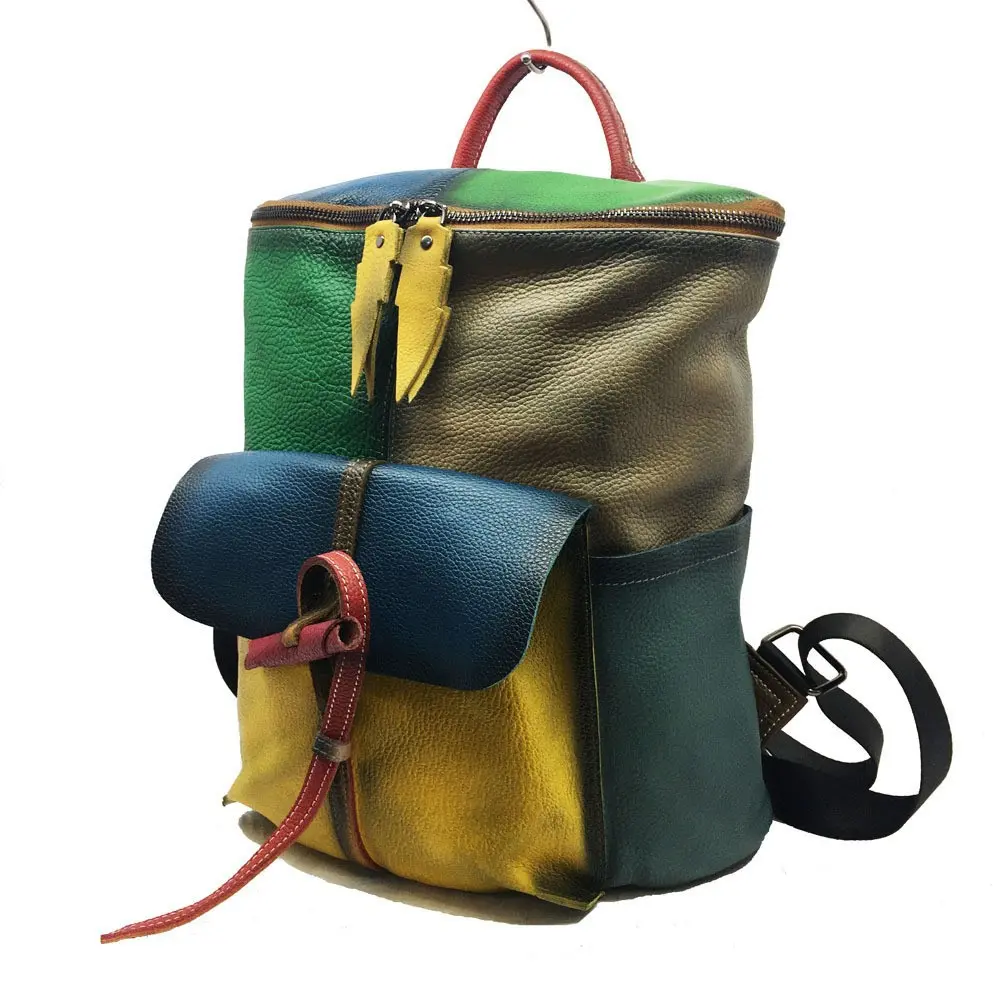 Women's Genuine Cowhide Bucket Backpack - Retro Contrast Color Geometric Print Functional Bag with Zipper for School/Travel & Daily Use