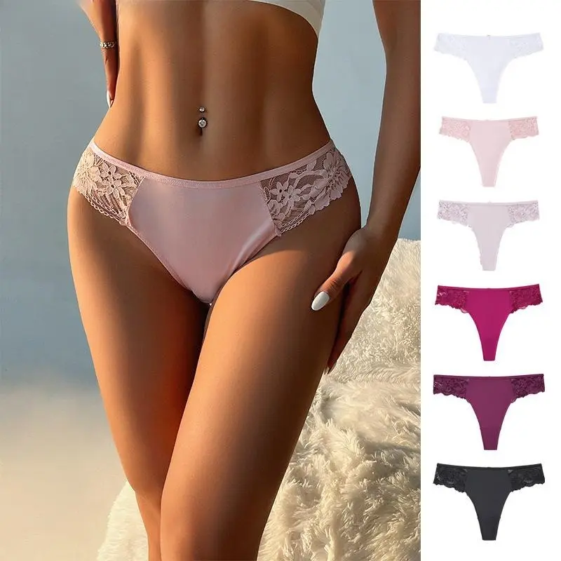 Women's 6PCS Basic Satin Floral Lace Thongs Panties - Soft, Breathable, Stretchy Low-Rise No-Show Daily Comfort Underwear Set (Sports & Outdoor Appropriate)