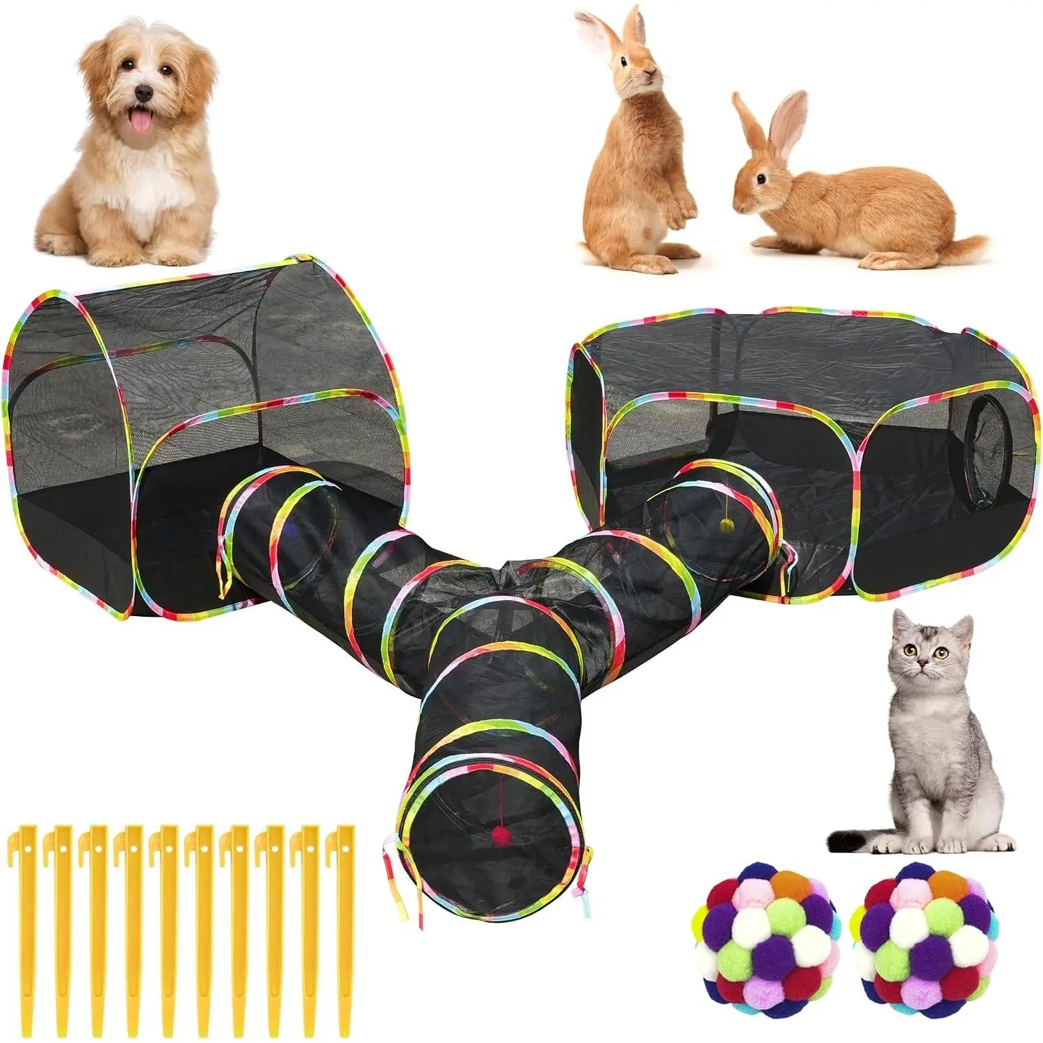 3-in-1 Universal Portable Pop Up Cat Mesh Tent Playpen with Mesh Fabric, Tunnel Access, Easy Folding Catio for Outdoor/Indoor Cats, Includes Storage Bag