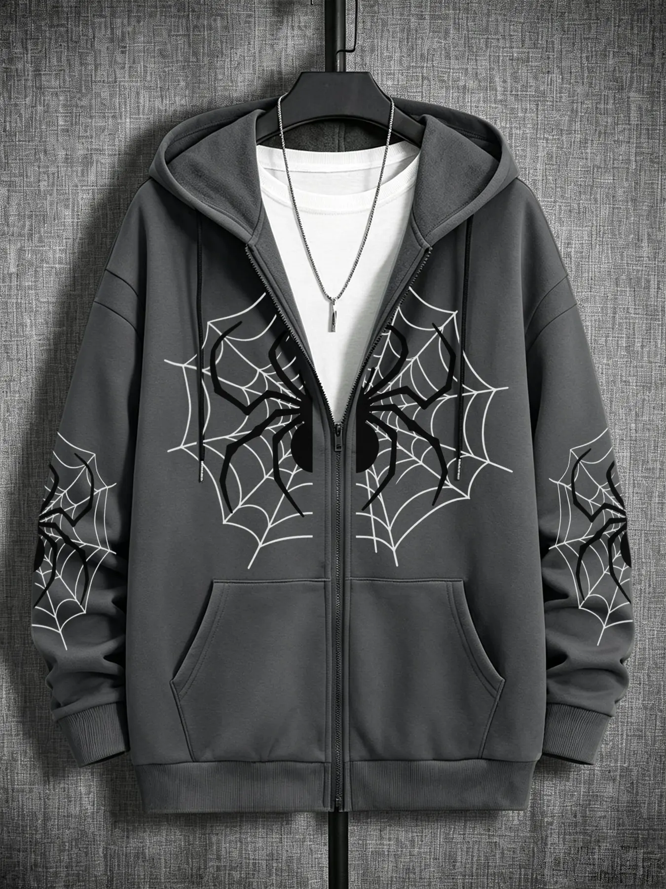 Men's Casual Hooded Zipper Fleece Sweatshirt Cardigan, Unique Spider Print, Halloween Fashion, Fall & Winter Street Style