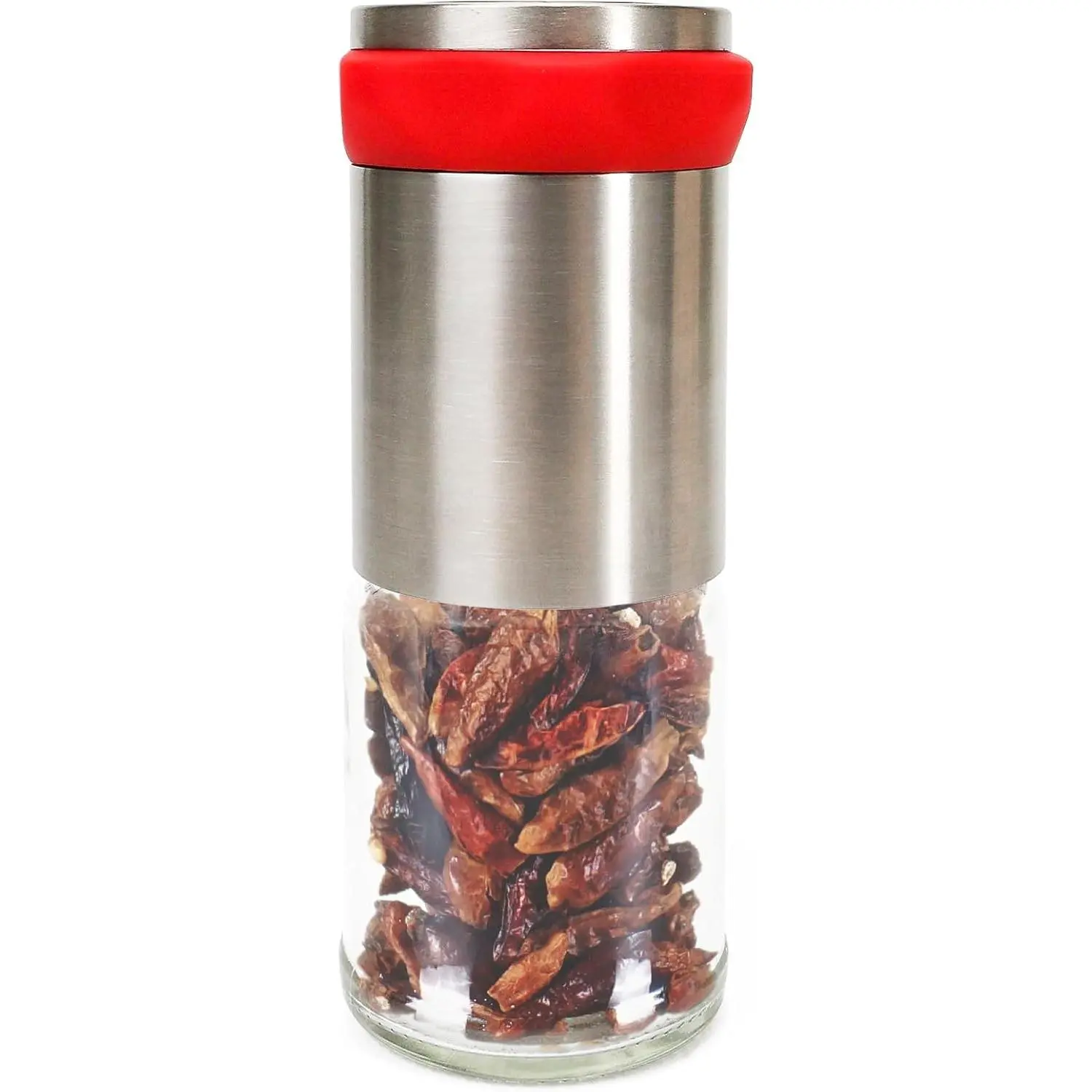 Chili Pepper Mill Grinder, Manual Spice Grinding Mills with Handle for Hot Cumin, Sea Salt or Pepper, Professional Chef Refillable Glass Body, Small 3Oz Capacity, Stainless Steel Blades