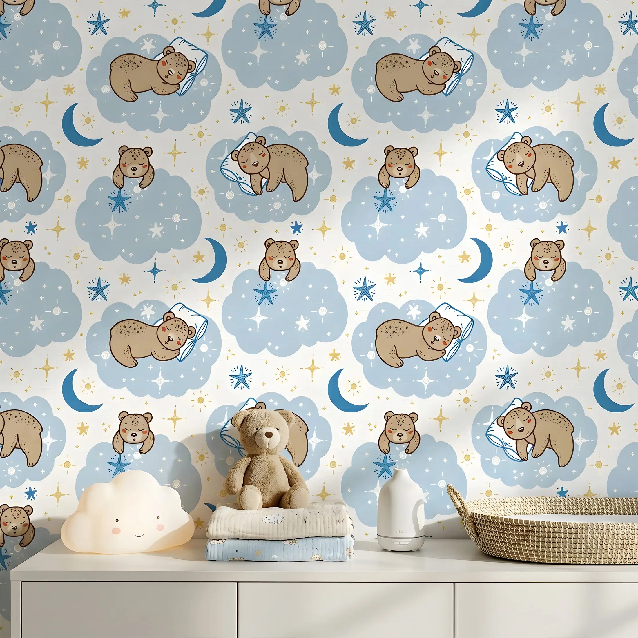 1 Roll 44.5cm/17.5in Wide Cartoon Sleeping Bear Peel and Stick Wallpaper, Cute Wall Decor, Light Blue Cloud Star Moon Nursery Wall Decals, Waterproof Removable Easy to Cut Wall Sticker for Kids Bedroom Daycare Furniture Wall Decoration