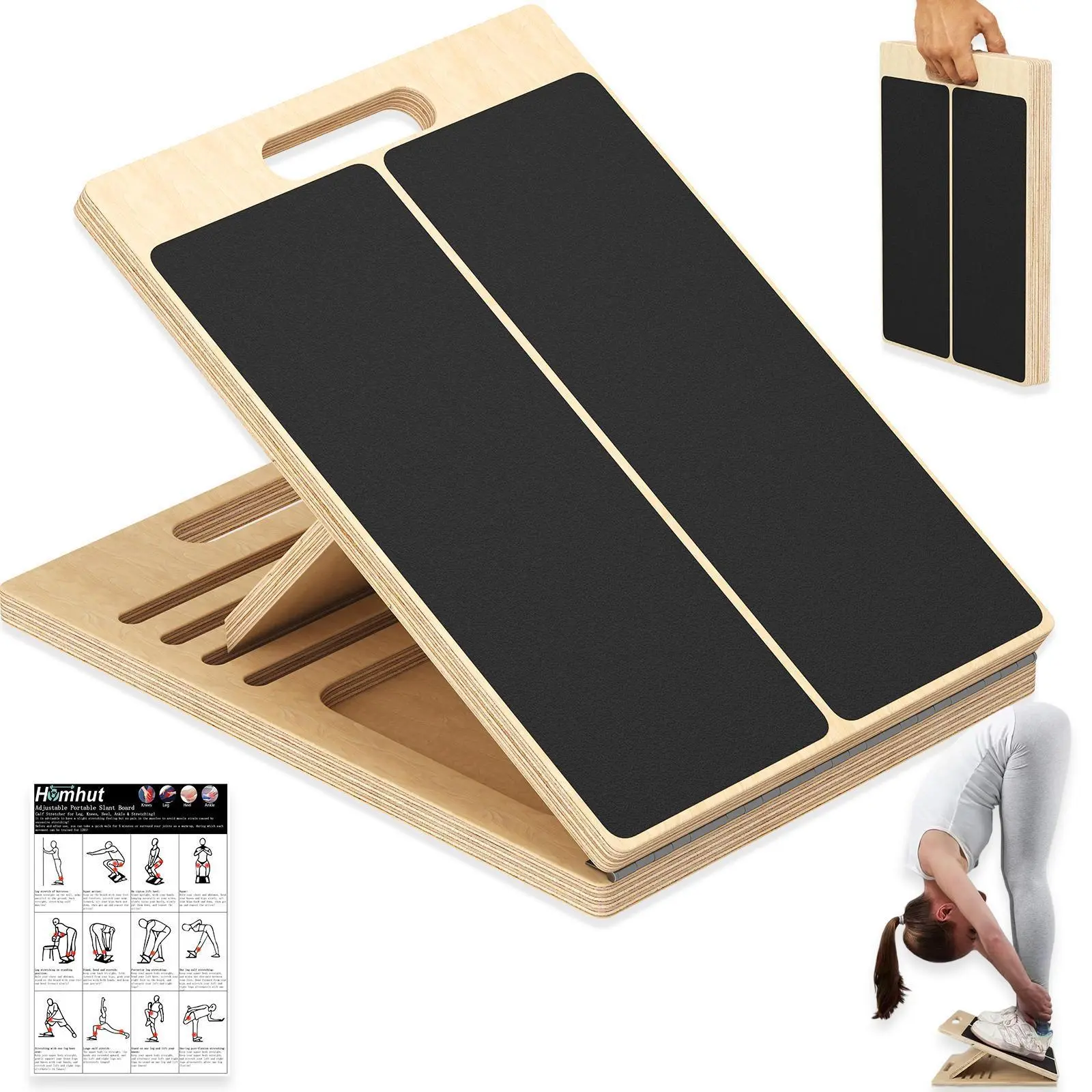 300LB Durable Slant Stretch Board, Adjustable Incline Multi-Angle Home Physical Therapy Equipment with Red Yellow Workout Bands for Daily Plantar Achilles Leg Stretching, Improves Flexibility, Reduces Body Slip