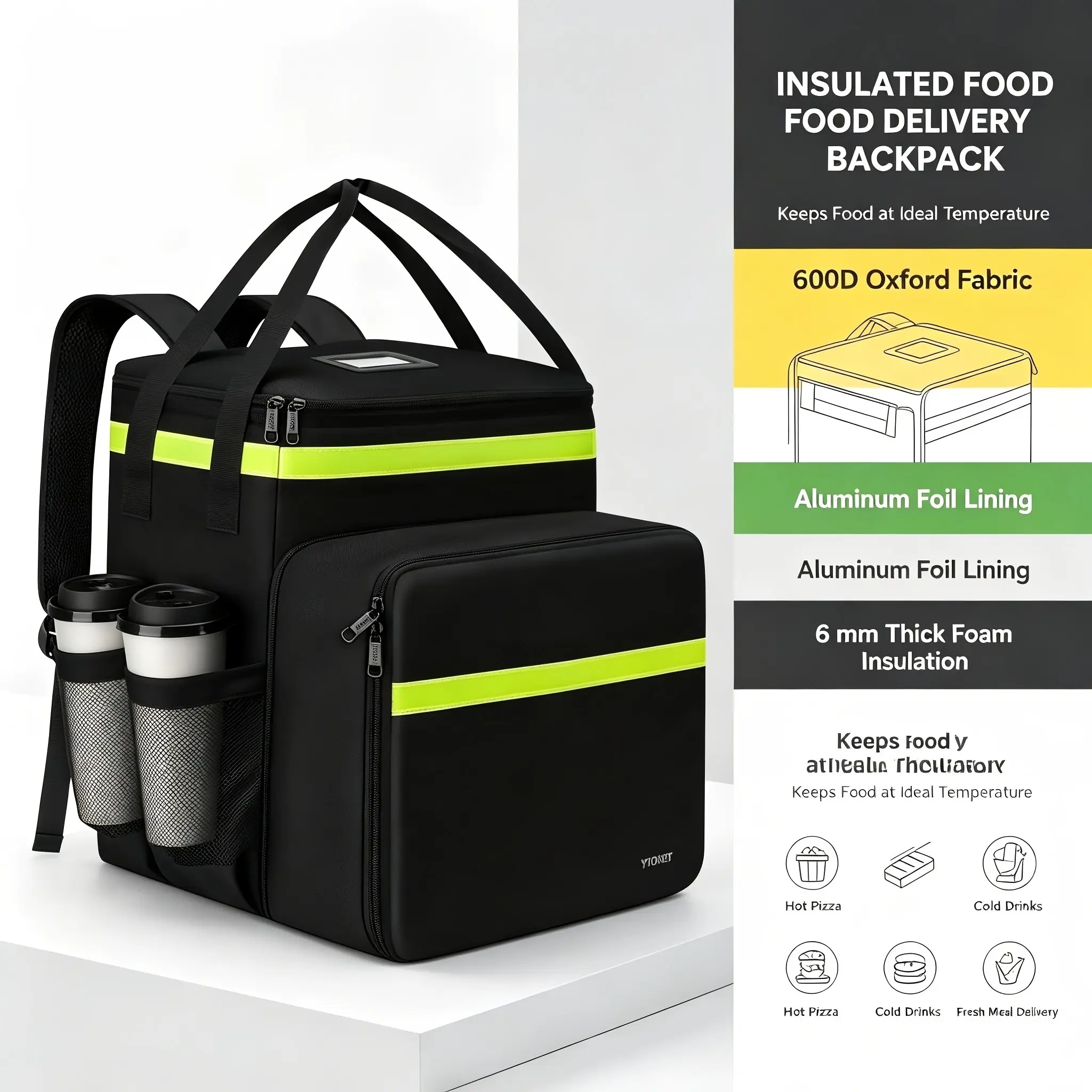 Insulated Thermal Food Delivery Backpack with Large Expandable Capacity for Pizza and Catering, Detachable Drink Organizer, Reflective Panels, Padded Straps and Chest Buckle for Bike Delivery, Camping, Picnic and Hiking