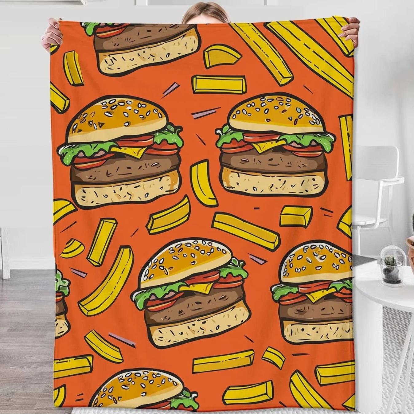 Cheesy Burger & Cucumber Cartoon Flannel Throw Blanket | Fast Food Funny Burger Lover Cozy Lightweight Bed Sofa Blanket Gift