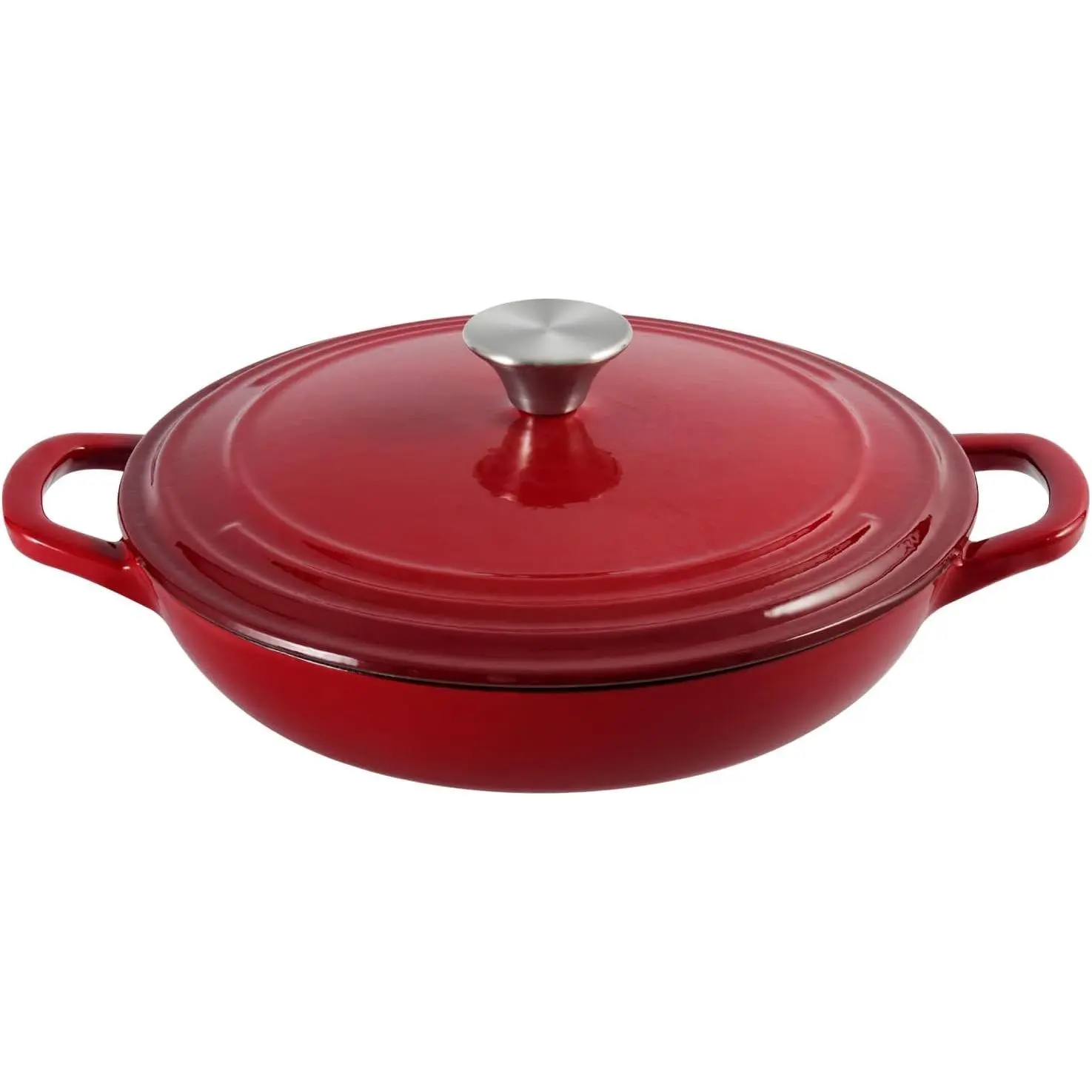 Enameled Cast Iron 3 qt Braiser Pan with Lid Red Shallow Casserole Pan with Handles