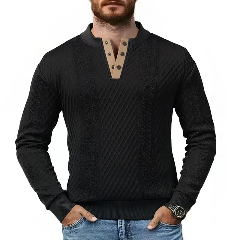 Men's Vintage Casual Sweatshirt - Diamond-Patterned V-Neck Button Pullover, Color-Contrast Placket Crew Neck Longsleeve Menswear, Foldable, Machine Wash, All Seasons Autumn Winter Streetwear, Longsleeves