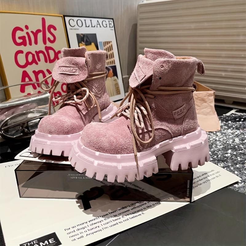 Women's Chunky Platform Motorcycle Boots - Thick-Soled Round-Toe Lace-Up Ankle Boots with Candy-Colored (Yellow/Mustard/Pink/Lavender) Rubber Sole & Fabric Upper - Workwear-Inspired Winter-Ready Shoes for Jeans & Dresses