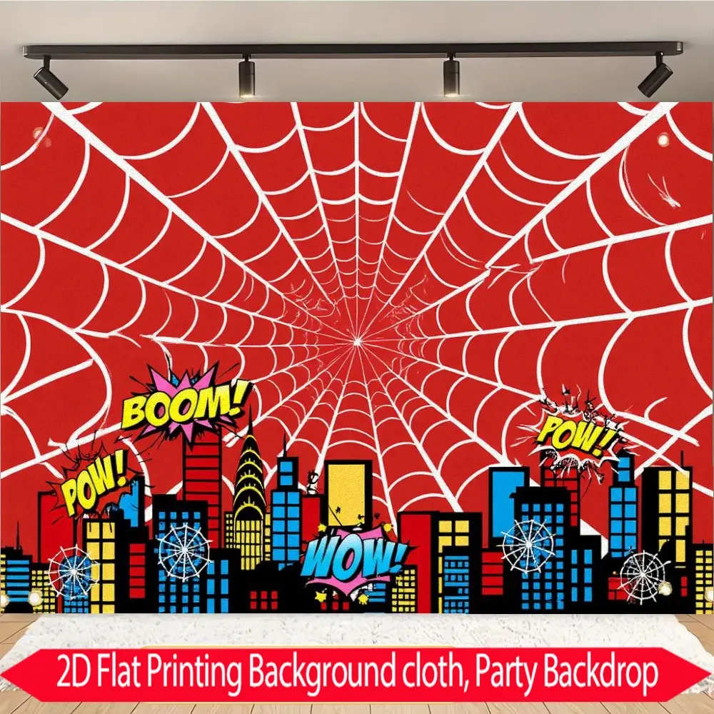 2D Flat Superhero Background Cloth, Spider Web Cityscape, Party Wall Decor, Indoor Outdoor Use, Multiple Sizes Available, Polyester Photoshoot, Backdrop Decoration