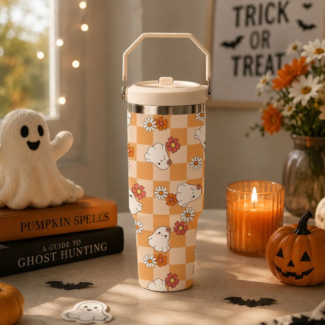 30oz Halloween Handle Insulated Cup, Cute Ghost Daisy Checkered Print, Stainless Steel Double Wall Vacuum Cup, Leak Proof Travel Mug