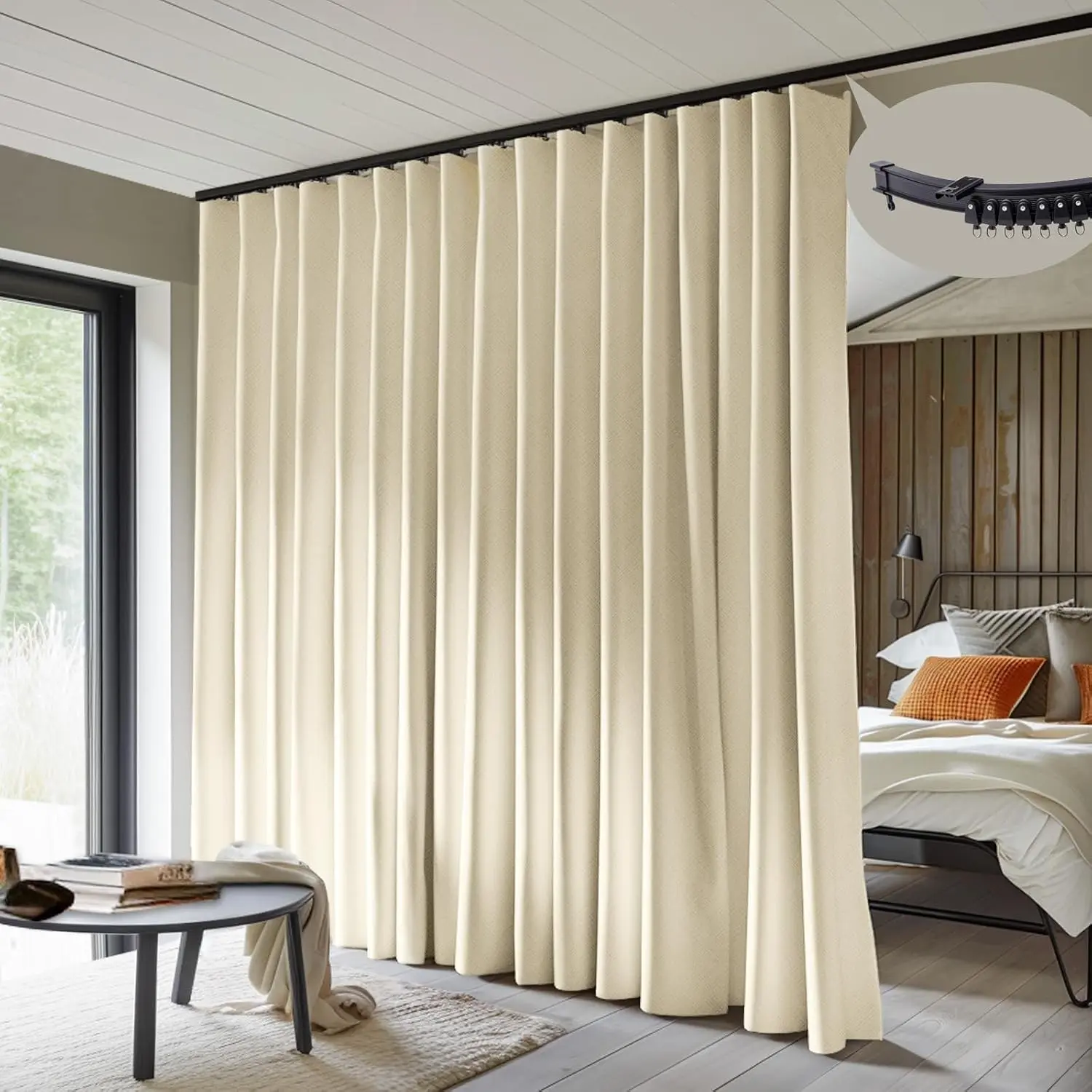 Room Divider Curtains with Flexible Ceiling Curtain Tracks Set,100% Blackout Floor to Ceiling Curtains Patio Sliding Door Curtains (Beige Drape & Black Rail W 8.3 × H 7 FT)