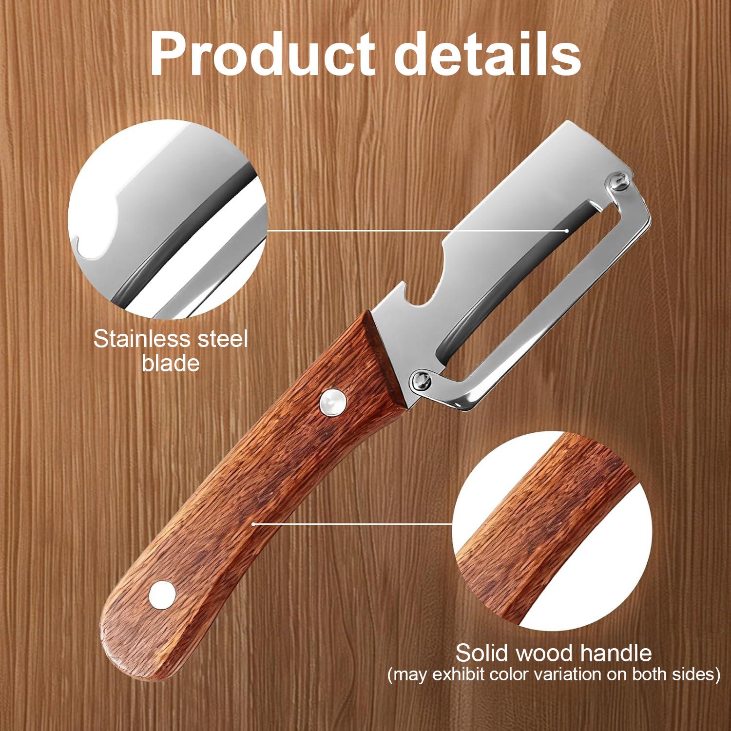 Multi-Functional Stainless Steel Peeler with Bottle Opener Peeling knife with Wooden Handle Kitchen Tool for Fruit Potato Pumpkin Papaya Sugarcane