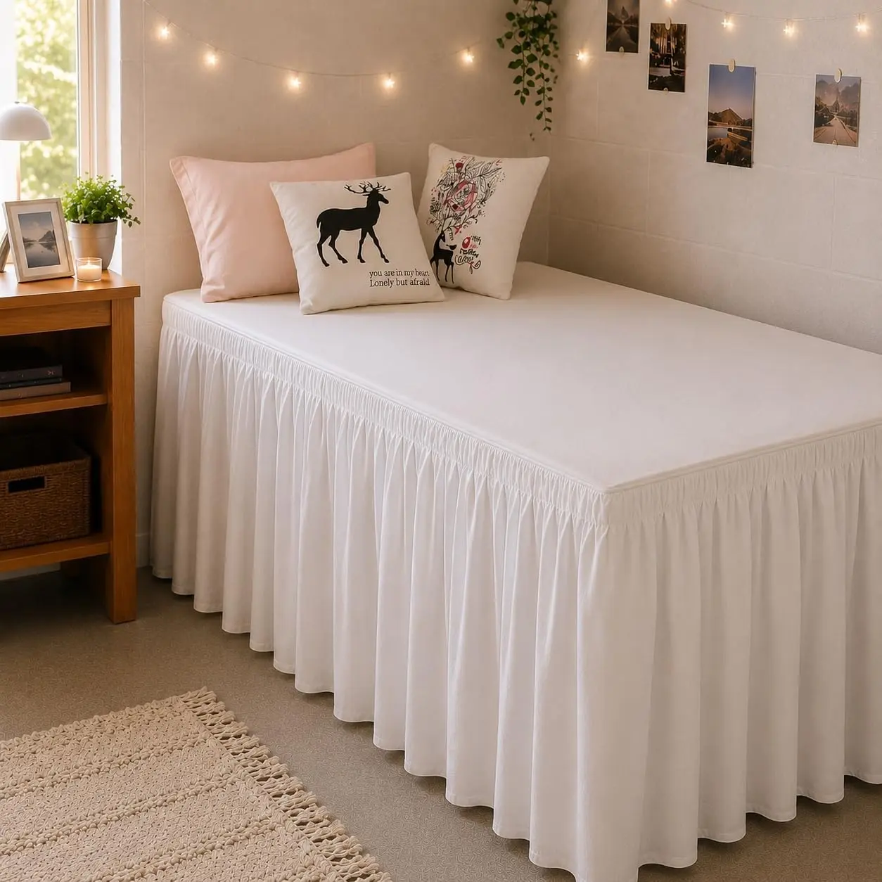 College Dorm Bed Skirt Twin XL 32 Inch Drop, White Elastic Bedskirt| Ruffled, Wrap-around/elastic, Wrinkle-resistant, Fade-resistant, Machine Washable, Wrinkle-Free, Gift Box Packaging, Textured