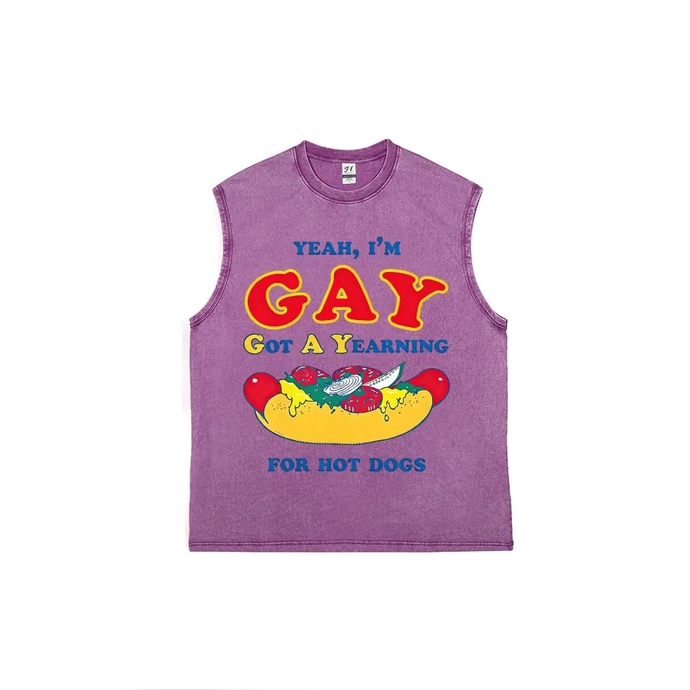Men Vintage Acid Wash Cut Off Muscle Tank Top, Multiple Colors Available, Retro Cartoon Hot Dog "Yeah I'm Gay Got A Yearning For Hot Dogs" Funny Pun Pride Graphic Print Sleeveless Vest, Oversized Distressed Cotton Loose Fit LGBTQ Humor Streetwear Workout