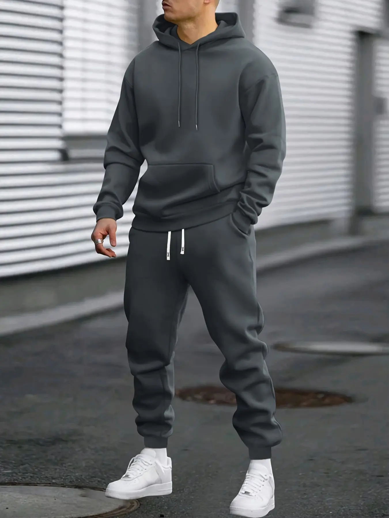 Autumn Winter Fleece Lined Streetwear Set, Casual Workout Tracksuit, Polyester Long Sleeve Hoodie and Elastic Waist Pants, Ideal for Outdoor Running
