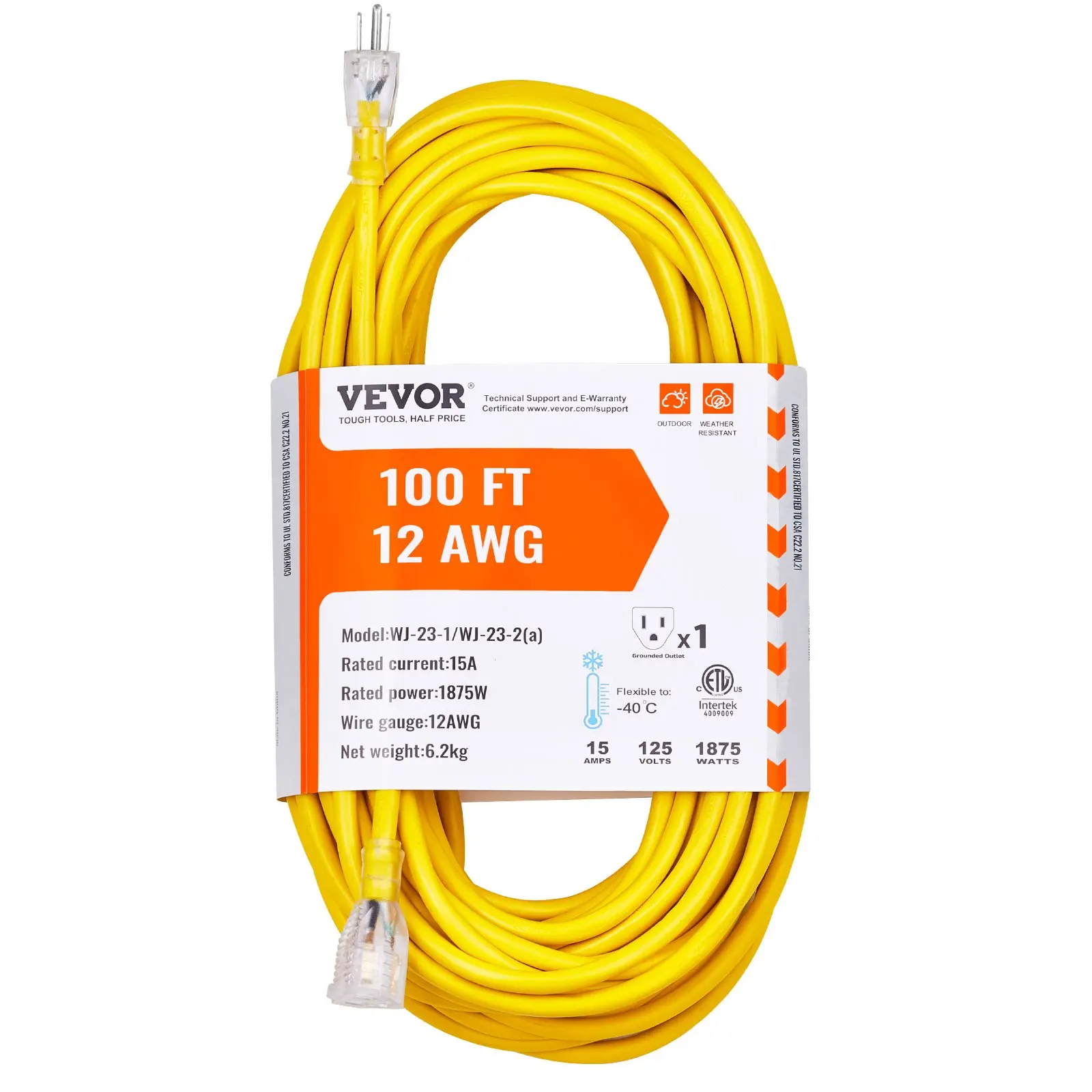 VEVOR 100FT Heavy Duty Extension Cord, 12AWG 15Amps 1875W, 3 Prongs Indoor Outdoor Electric Cord with Lighted End, Flexible -40C Cold-Resistant for Lawn, Garage, Home Use, ETL Listed