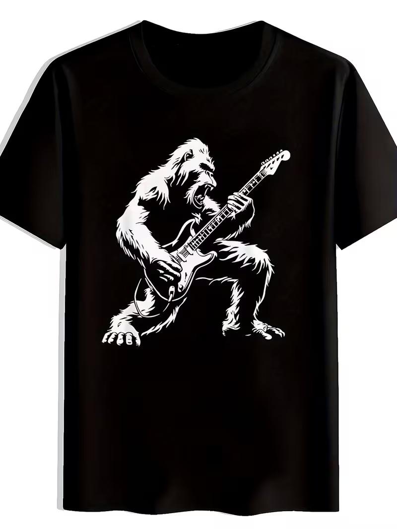 Men's Music Gorilla Playing Electric Guitar T-Shirt - Casual Short Sleeve Round Neck Tee with Digital Print, Loose Fit for all-Season, Casual Attire & Music Lovers (Black)