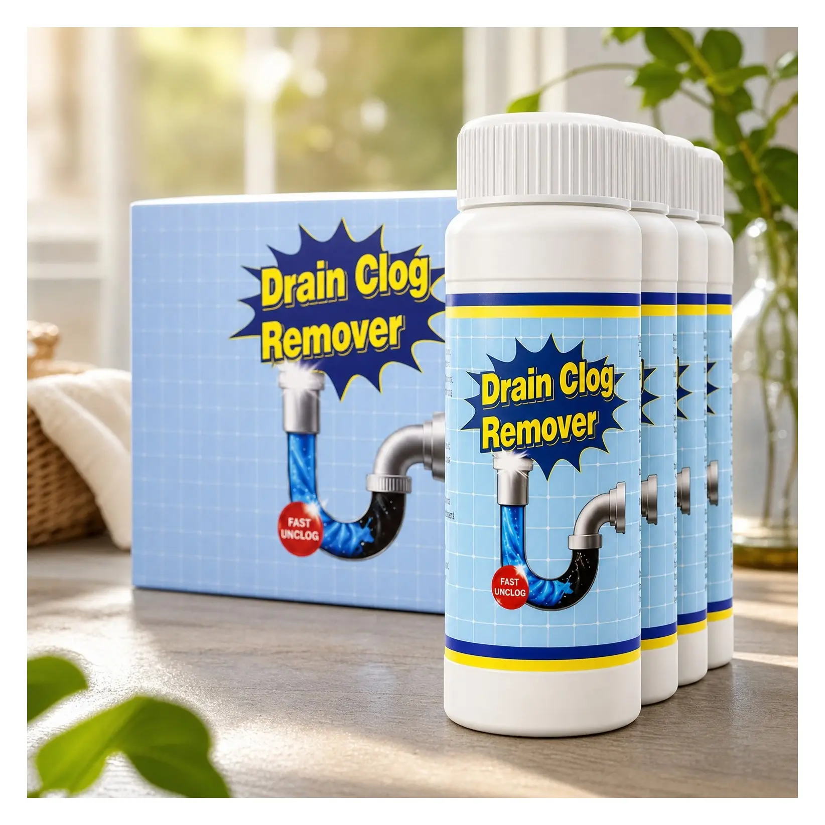 Drain Clog Remover Powder 4 Pack - Fast-Acting Foaming Sink & Drain Cleaner for Hair, Grease, Kitchen Sink, Toilet & Shower Clogs, Powerful Pipe Cleaning Solution, 480gGift
