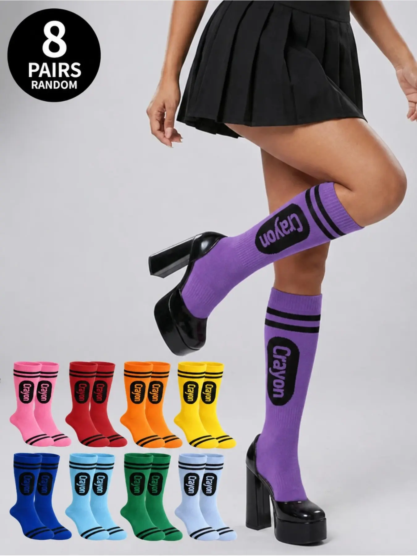 8 Pairs Random Pack Crayon Creative Print Rainbow Multi-Color Striped Women's Ankle Socks, Comfortable Breathable Soft Casual Everyday, All Seasons