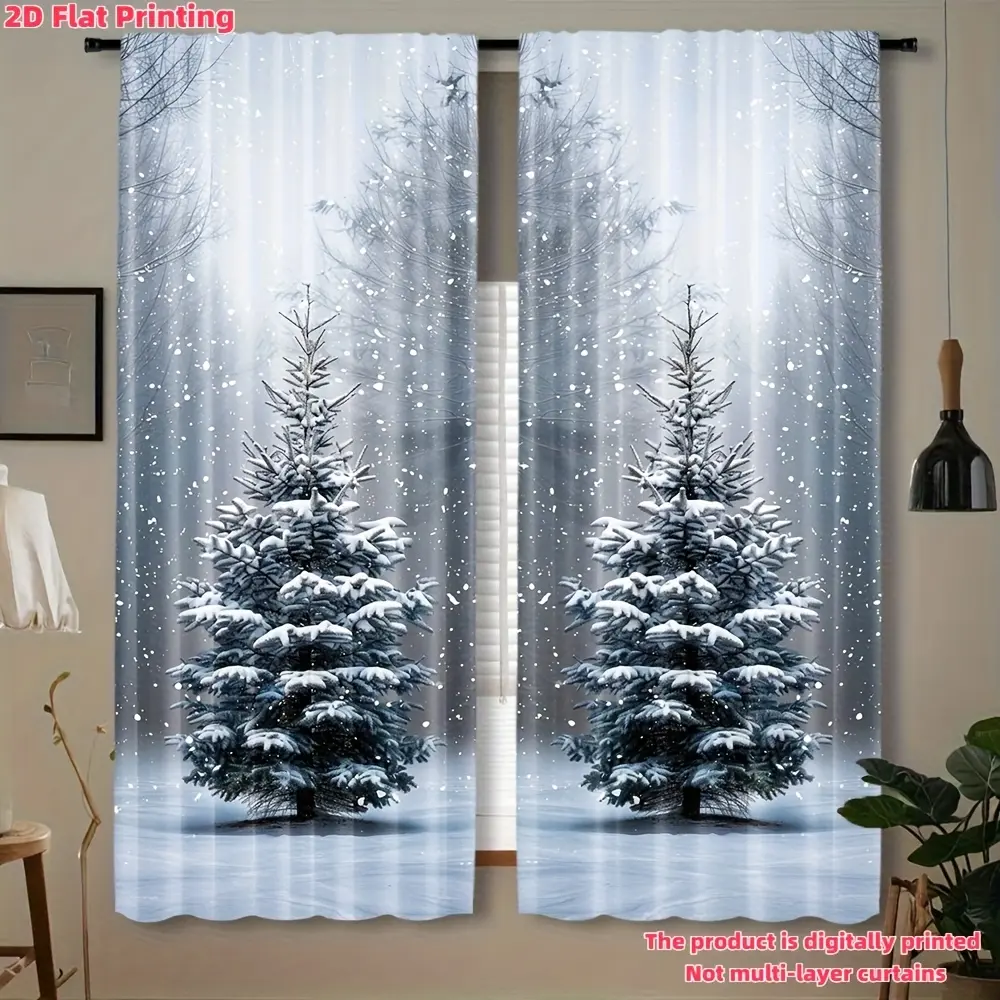 2-piece winter fairy tale Christmas tree print - 2D flat digital printing, semi-transparent polyester, pocket design, easy to hang, suitable living room, ,, and dining room decoration, Christmas double layer curtain green sheer Pinch Pleated Curtain corti