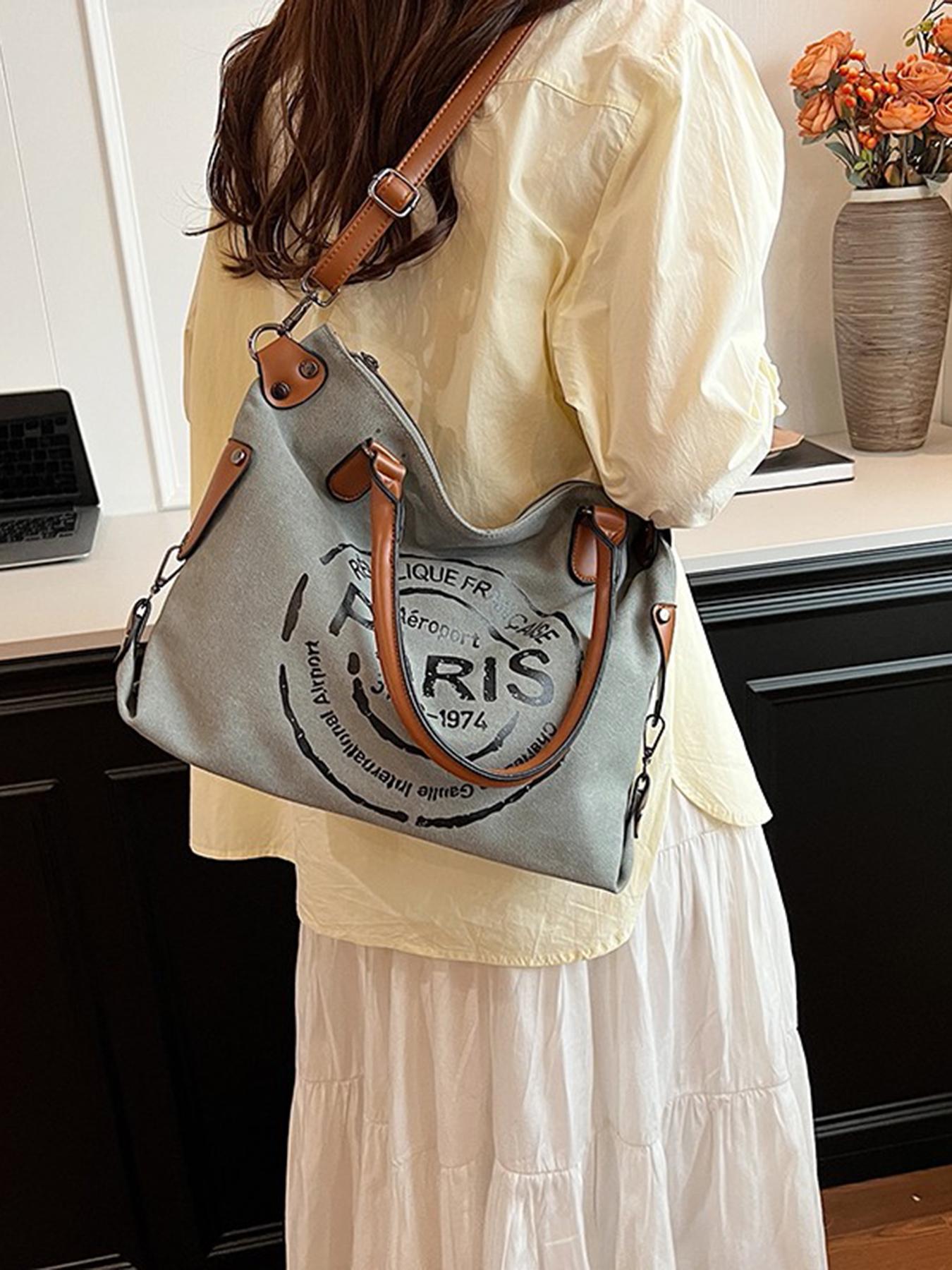 Women's Fashionable Letters Pattern Tote Bag, Large Capacity Crossbody Bag, Casual Versatile Vintage All-match Shoulder Bag for Daily Life, Fashionable Patterned Bag