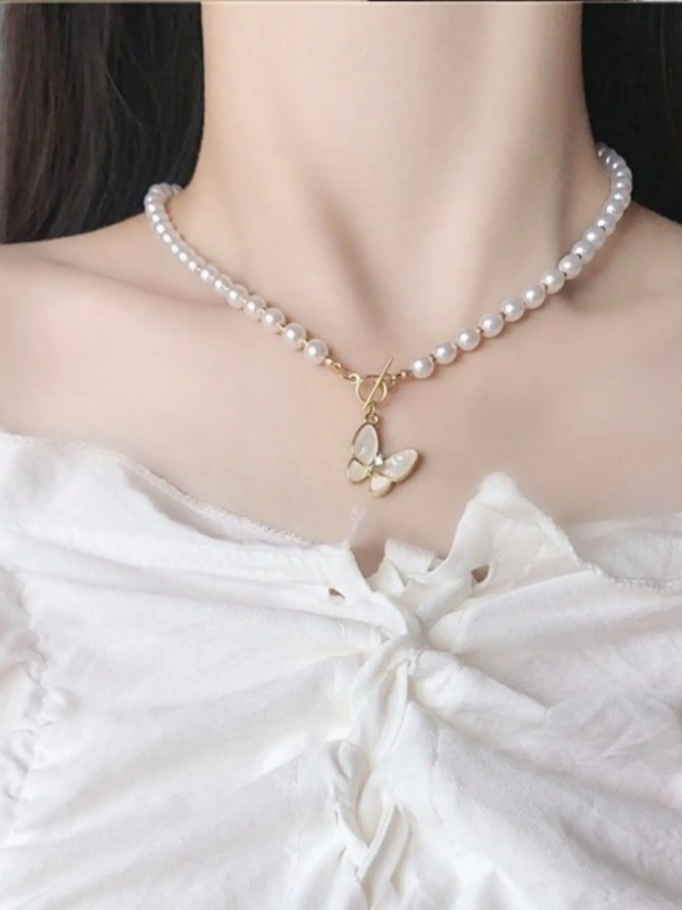 14k Freshwater Rice Pearl Choker Necklace, Butterfly Pendant, Ot Toggle Clasp, Elegant Daily Wear Jewelry for Women