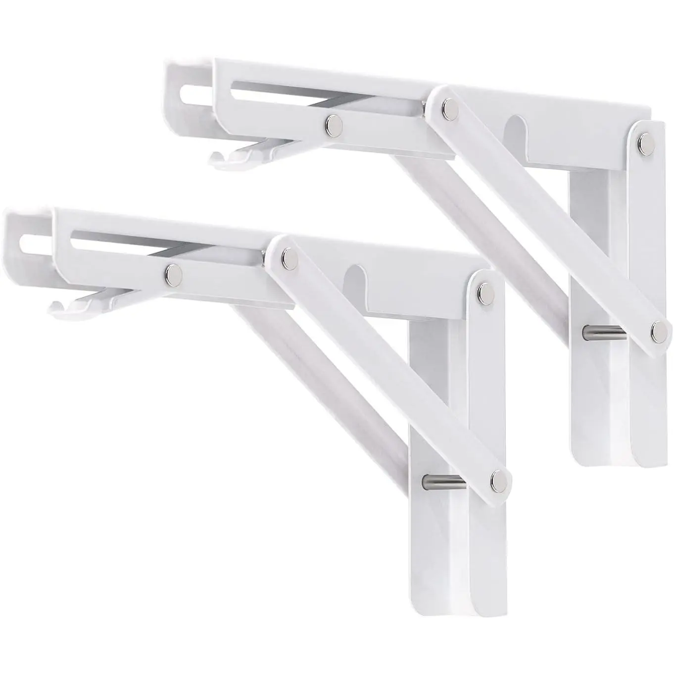 Folding Shelf Brackets, 8 Inch Heavy Duty L Bracket, White, 2 Pack | High-Quality Metal, Easy to Install, DIY Collapsible Shelf Bracket for Workbench Folding Table Hinge, Max Load: 300lb