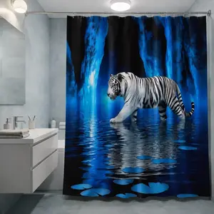 1/4pcs Blue Cave Tiger Pattern Bathroom Decor Set, Bathroom Decoration Accessories, Bathroom Accessory, including toilet seat cover, rectangular bathroom mat, and U-shaped mat, Comes with 12 shower curtain hooks, Shower Curtain Sets
