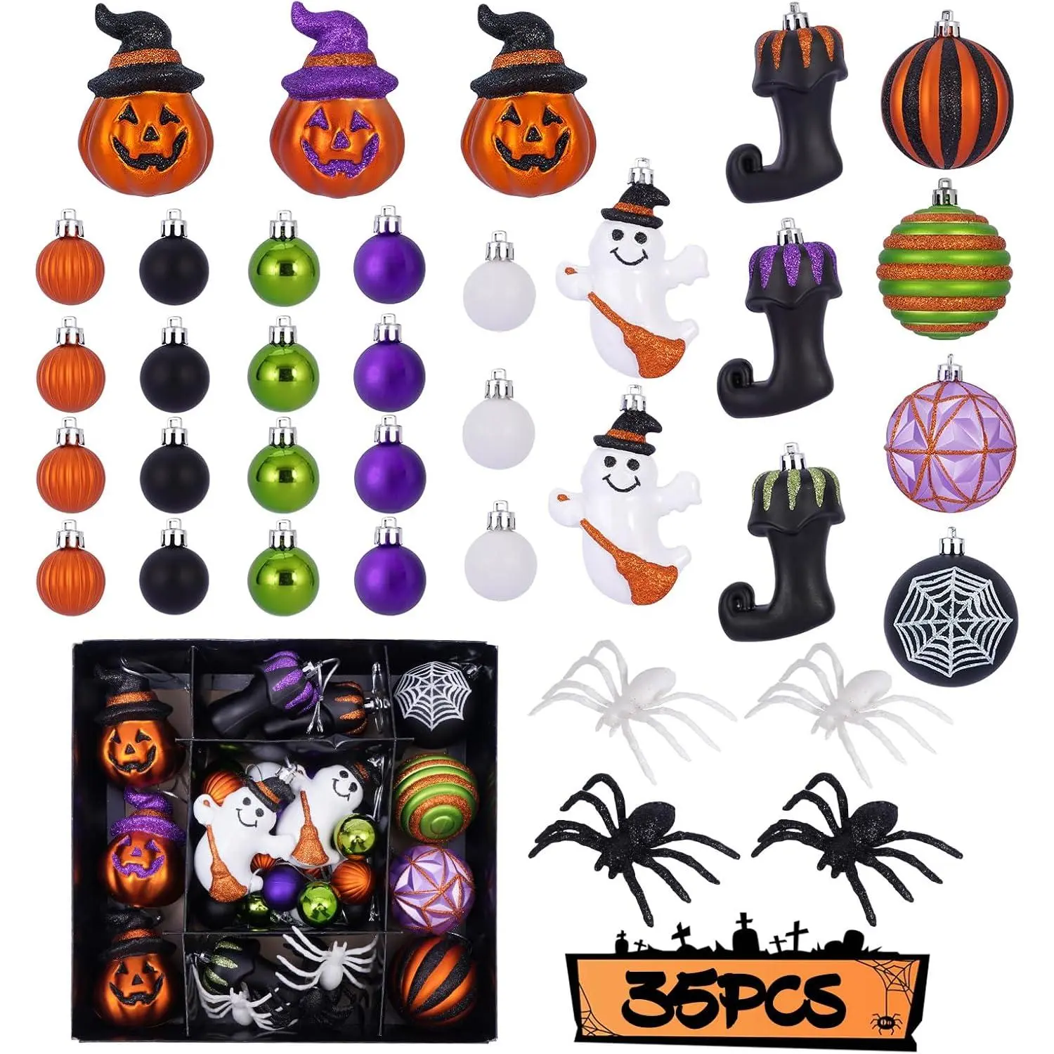Halloween Ball Ornaments Set, Shatterproof Halloween Tree Decorations, Cute Pumpkin, Ghost, Spider Hanging Ornaments for Holiday Party, Indoor Home Decor (35Pcs)