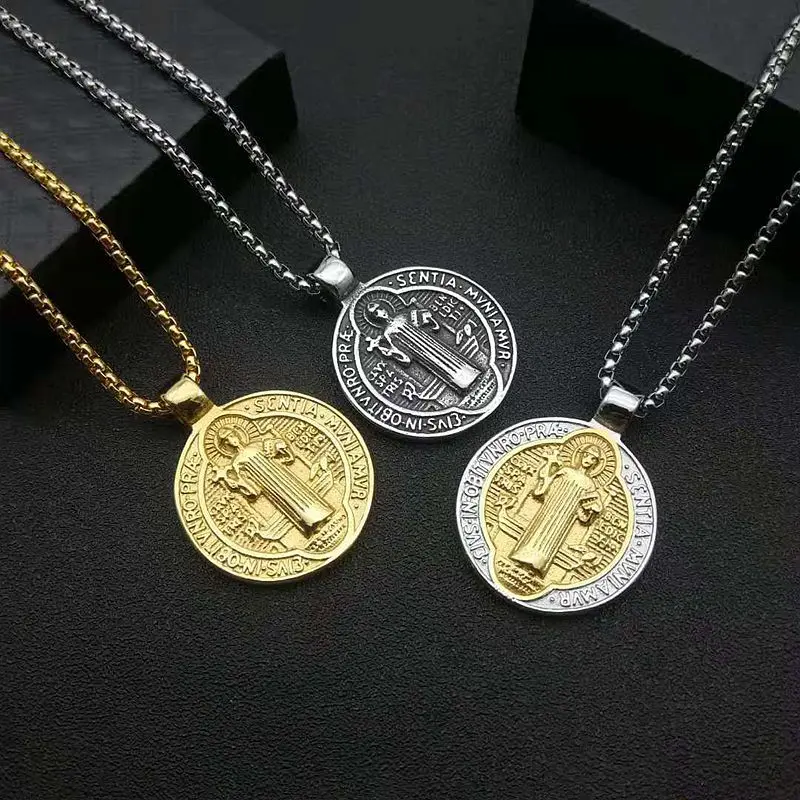 Double Sided St. Benedict Medal Necklace, 3 Tone Stainless Steel  Coin Pendant with Box Chain | Gift For Him or Her | Waterproof & Corrosion-Resistant Material
