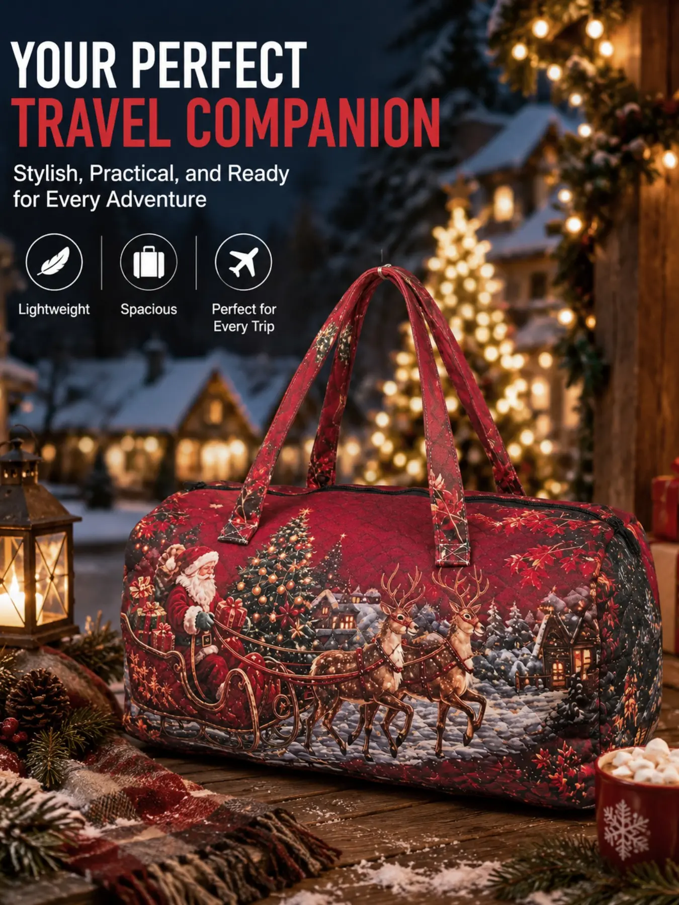 Vintage Christmas Town Santa Sleigh Print Duffel Bag, HD Wear-Resistant 3D Stitched Cylinder, Holiday Gift for Outdoor Travel Lovers