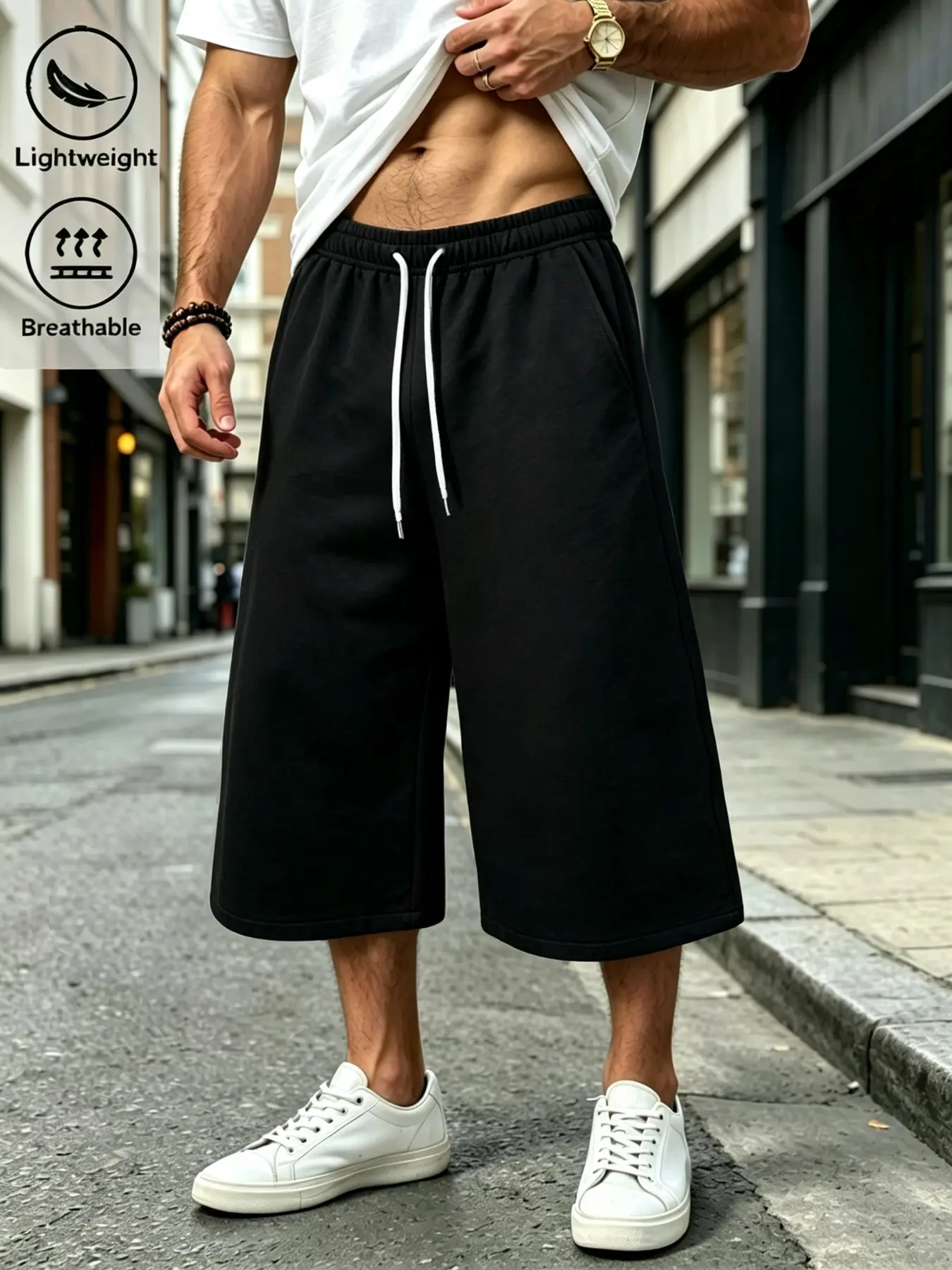 Men's Casual Capri Shorts, Elastic Waist, Relaxed Fit, Mid Length Bermuda Shorts, Comfortable Summer Wear, Ideal for Daily Use