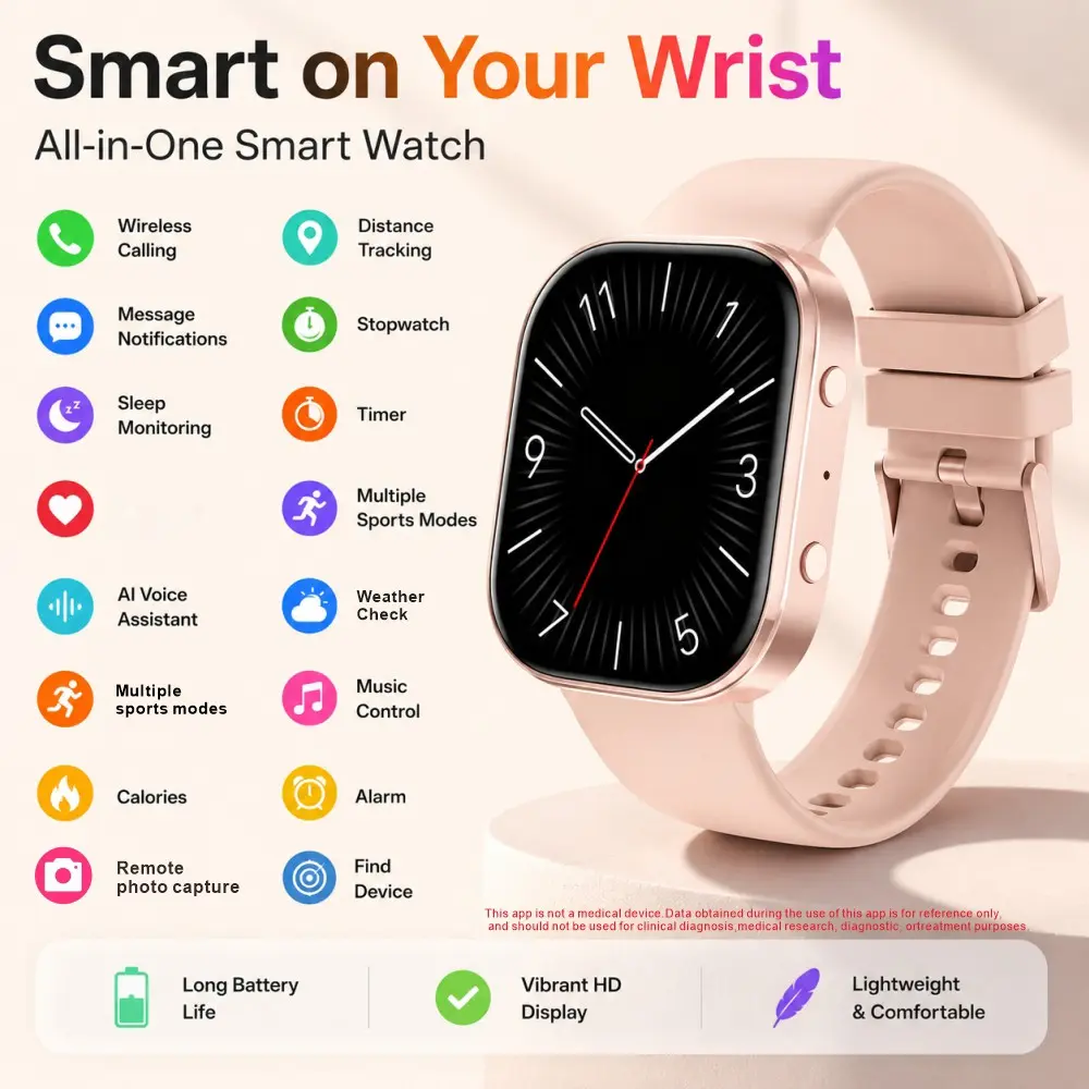 2026 high-end women's smartwatch, 1.88-inch high-definition full screen display, supports over 100 sports modes (running, cycling, yoga), weather forecast, artificial intelligence voice, dial, voice commands, wireless calling, and information reminders