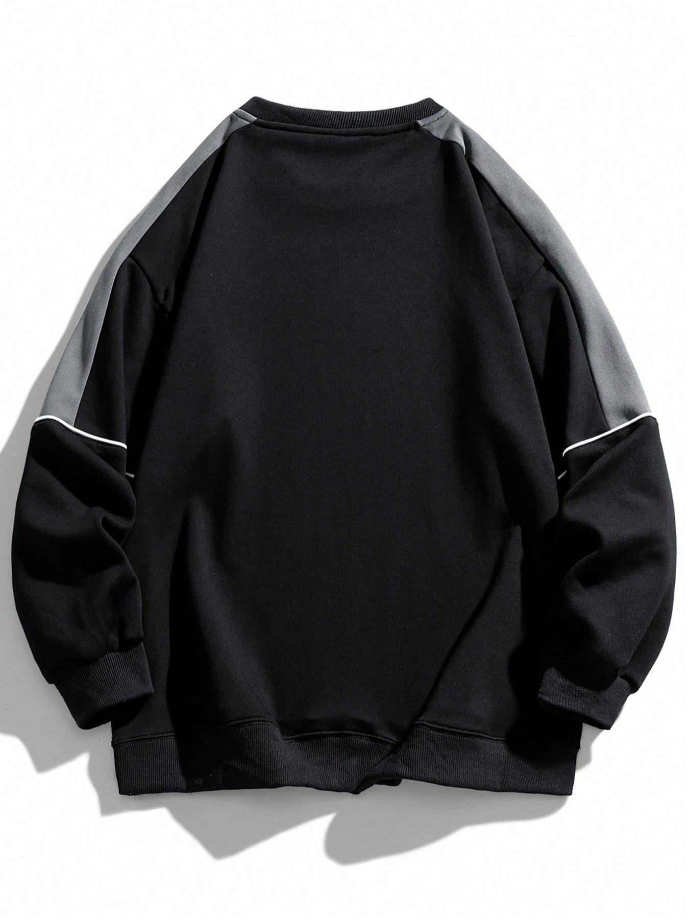 Men's Colorblock Contrast Binding Drop Shoulder Sweatshirt, Stretch Regular Fit Casual Bold Edgy Style Long Sleeve Round Neck Pullover for Spring & Fall, Fashion Men's Top for Daily Wear