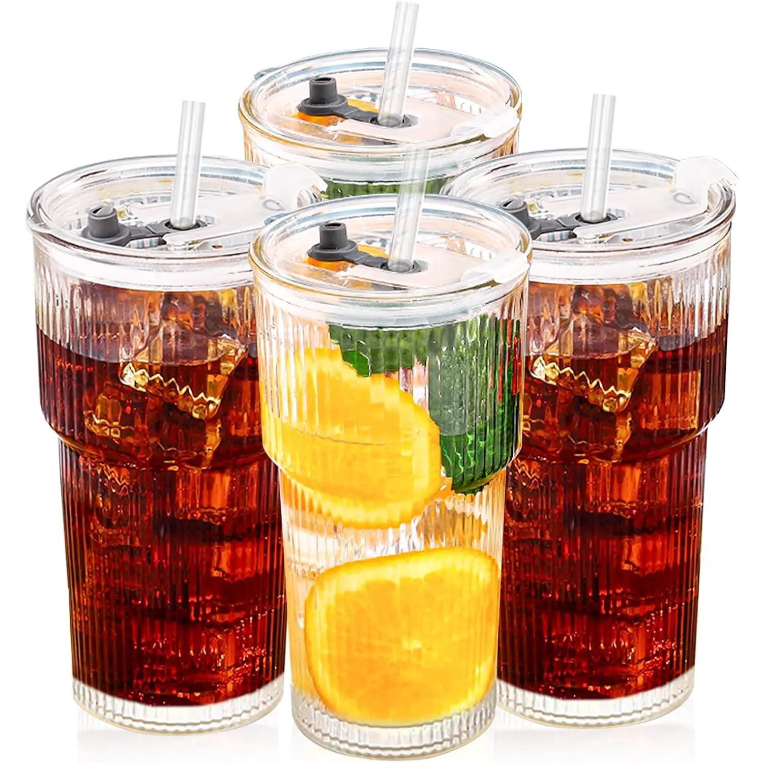 20oz Glass Tumblers with Lid and Straw, Ribbed Glass Iced Coffee Cup with Lid, Wide Mouth Thickened  Glass Cup, Drinking Glasses Tumbler for Smoothieds, , and Juices