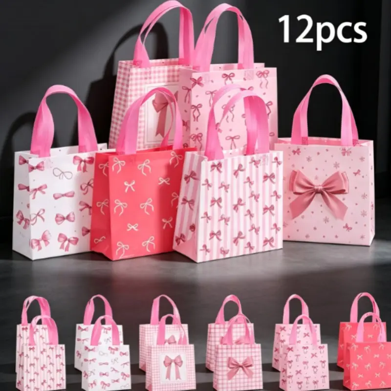 12 Print Gift Bags, Bow Non-Woven Handbags, Birthday Party Favor Packaging, Creative Holiday Gifts, Women's Mother Bridesmaid