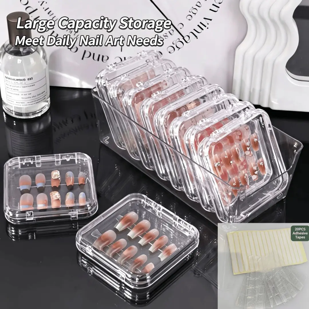 Large Clear Press on Nail Storage Organizer, 10 Removable Nail Cases, 20 Adhesive Tapes, 10 Jelly Glue Sheets, Portable Jewelry Box