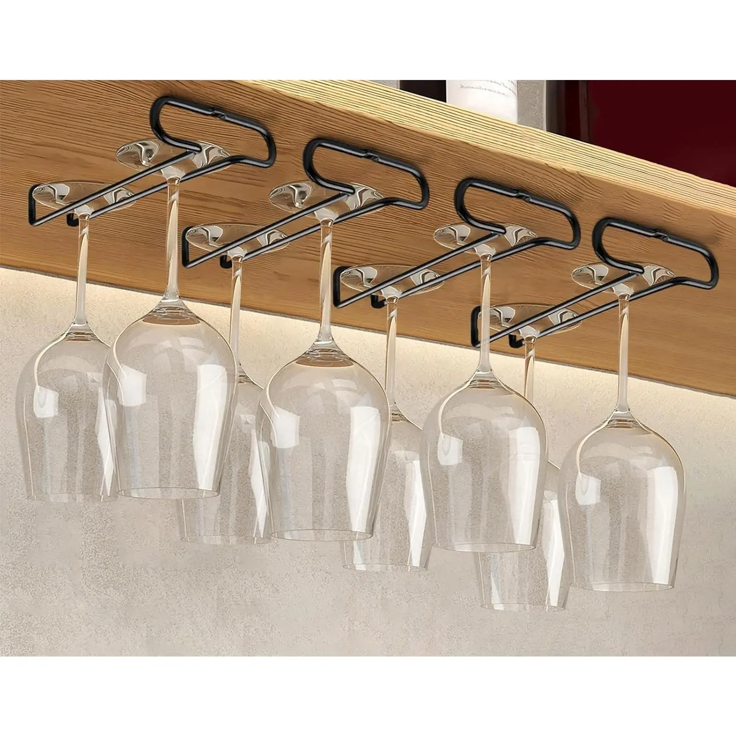 7 Inch  Glass Holder Under Cabinet Stemware Rack Little Glass Hanger Storage Organizer for Short Space Kitchen and Bar Set of 4 (Black)