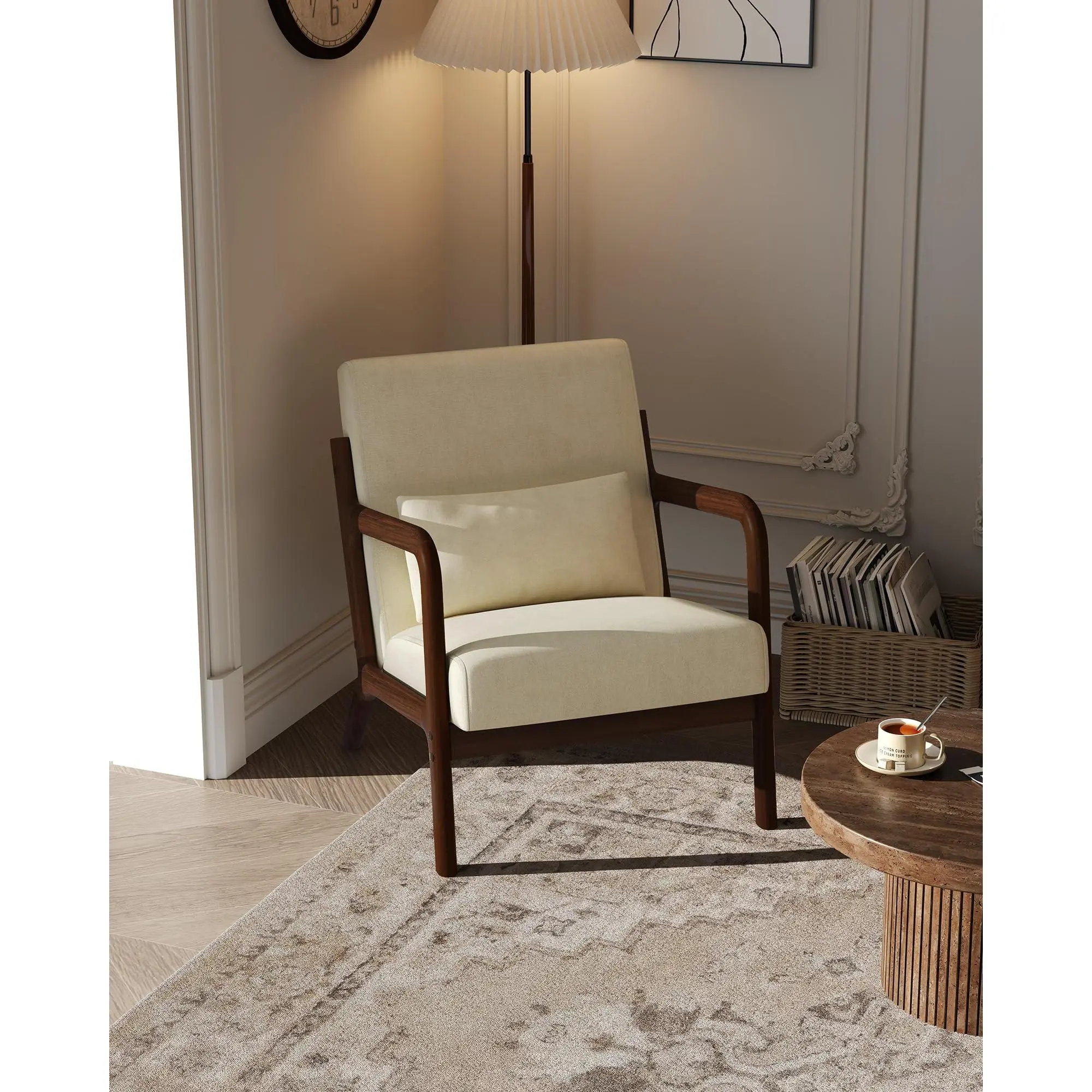 Garvee Mid-Century Chenille Accent Chair with Lumbar Pillow, Modern Lounge Armchair Featuring Solid Wood Frame, Ideal for Living Room, Bedroom, or Office, Cozy and Stylish Beige Seating