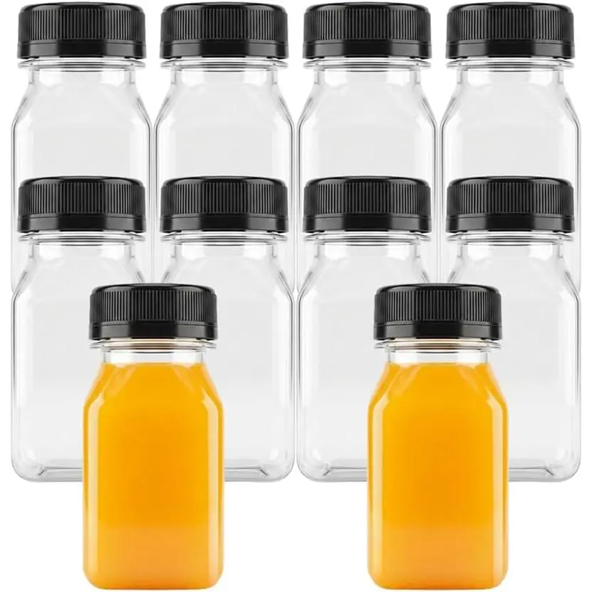 10 count 4 OZ Plastic Juice Bottles with , Small Juice Bottles, Clear Containers with  for Juicing, Smoothies, Milk and Other Beverages (Black)