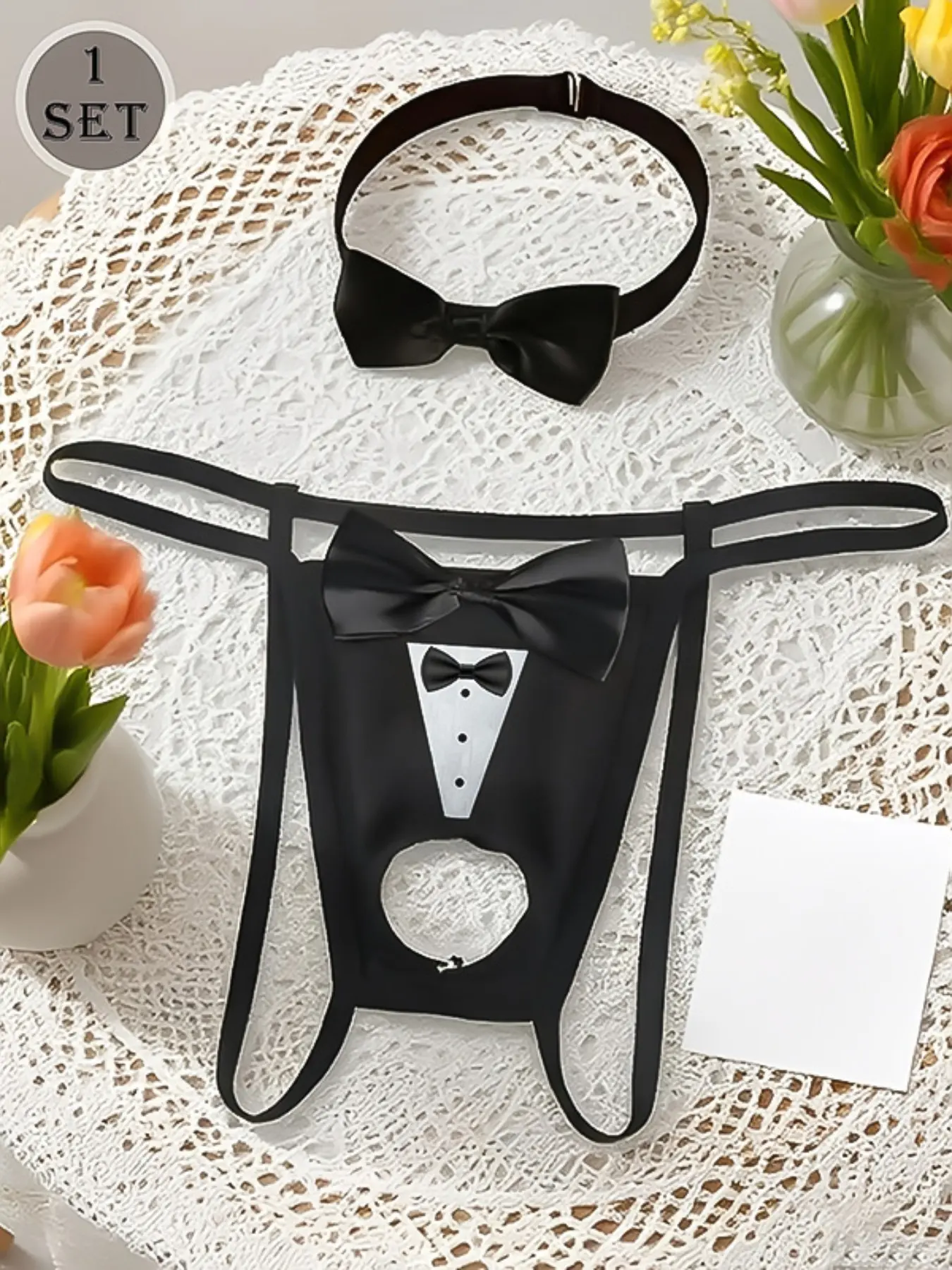 Men's Classic Sexy Thong Pants with Novel Bow Print and Bow Decoration, Sensual Cutout Underwear, 2-Piece Set, Stylish Men's Lingerie