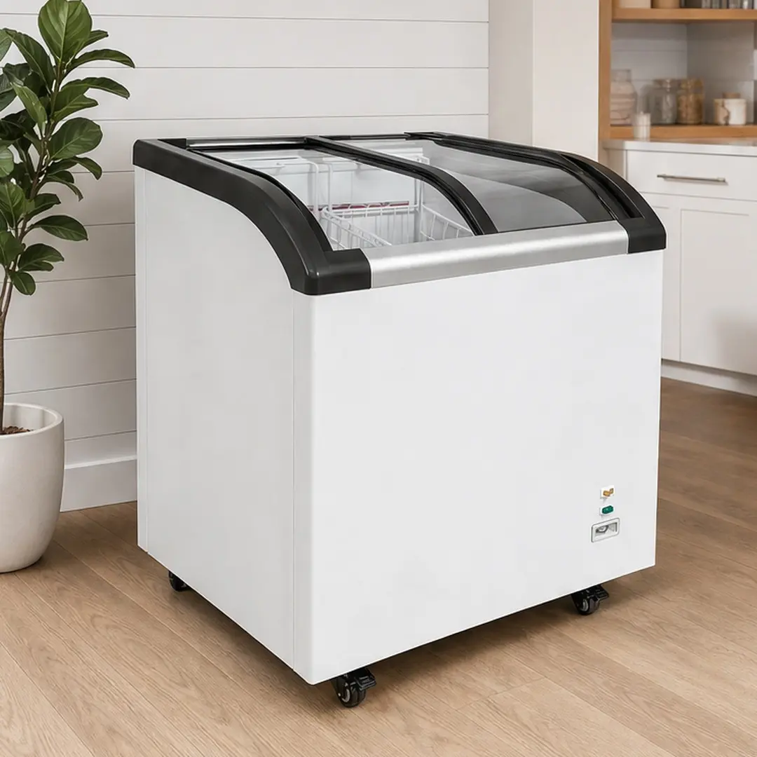 ARCH 4.6 Cu.ft Commercial Ice Cream Chest Freezer - Curved Sliding Glass Lid, Bright Interior LED Lighting, 2 3/4 Inch Insulation, Energy-Efficient Compressor, Mobile White Steel, Freezer Baskets for Shop Cafe