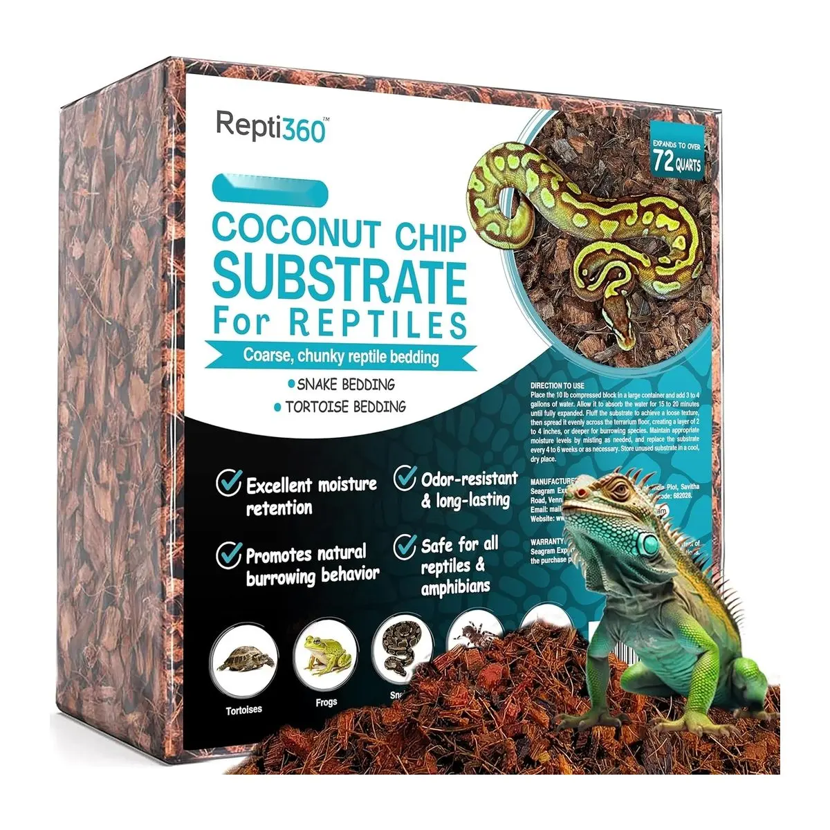 Coconut Chip Substrate for Reptiles, 10 Lbs Block Expands to 72 Quarts, Natural Dust-free Coco Husk Bedding for Ball Python, Bearded Dragon, Tortoise, Gecko