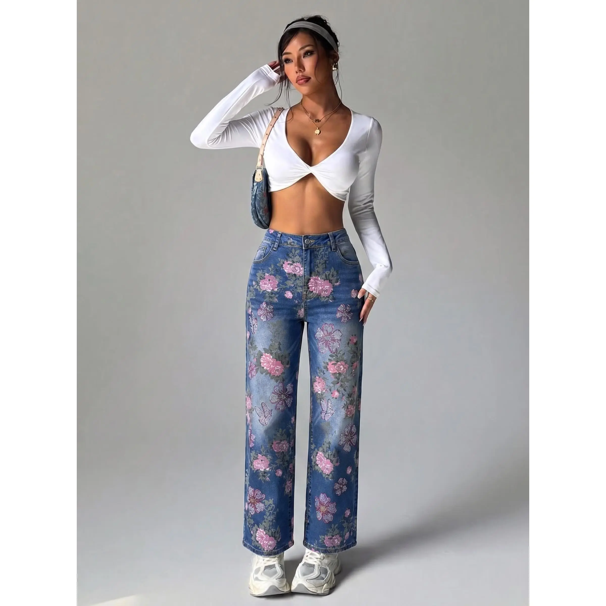 TCH Vintage Bloom Wide-Leg Denim Jeans – High-Waist Blue Floral Print Statement Pants, Y2K Streetwear Inspired Jeans for Effortless Chic Everyday Style