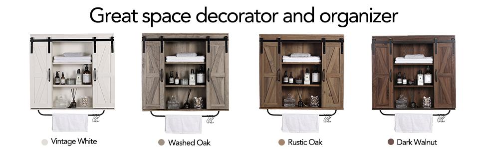Rustic Wood Wall Storage Cabinet with Two Sliding Barn Door, 3-Tier Decorative Farmhouse Vintage Cabinet for Kitchen Dining, Bathroom, Living Room, Vintage White