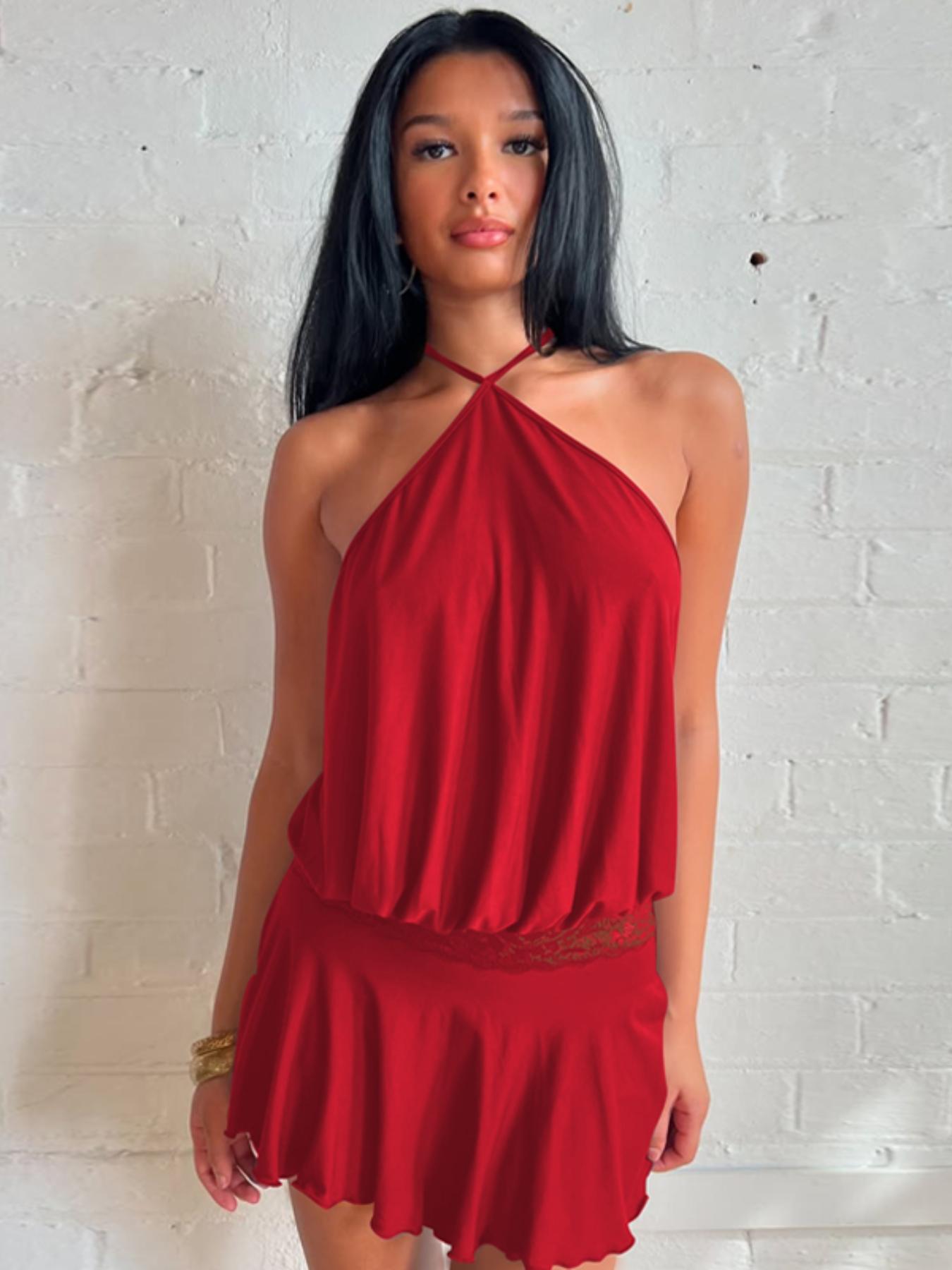 Women's Solid Color Lace Stitching Halter Neck Lace Up Sleeveless Backless Bodycon Slip Dress Plain Cut Out See Through Ruffles Hem Party Club Dating Holiday Beach Vacation Music Festival Ladies Dresses Clothing Wear Halter Strap Dress