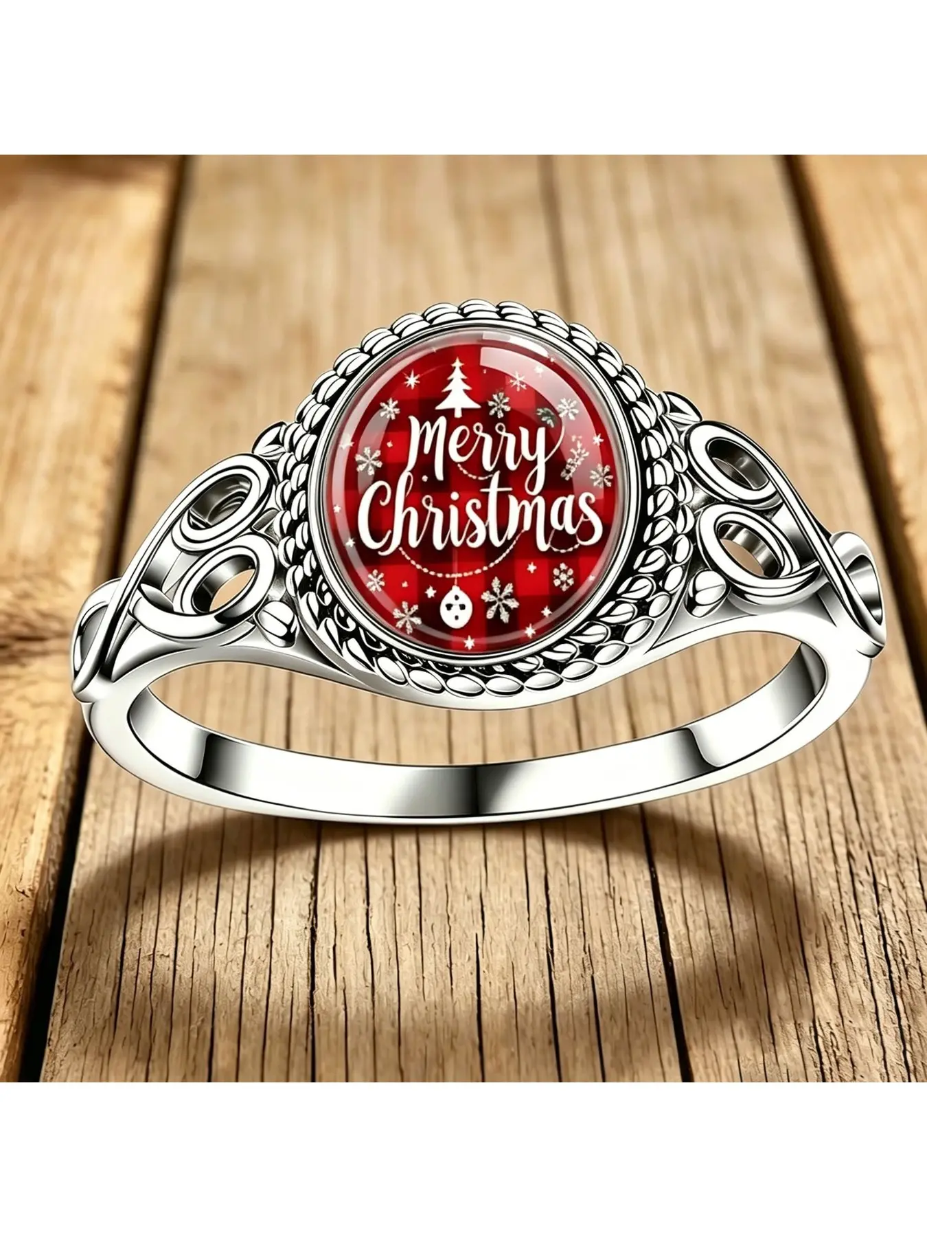 Retro hollow-patterned round ring with red check Christmas text design. It features a Christmas-themed design, featuring the words "Merry Christmas". It is decorated with Christmas trees and snowflakes, creating a rich atmosphere. The zinc alloy is plated