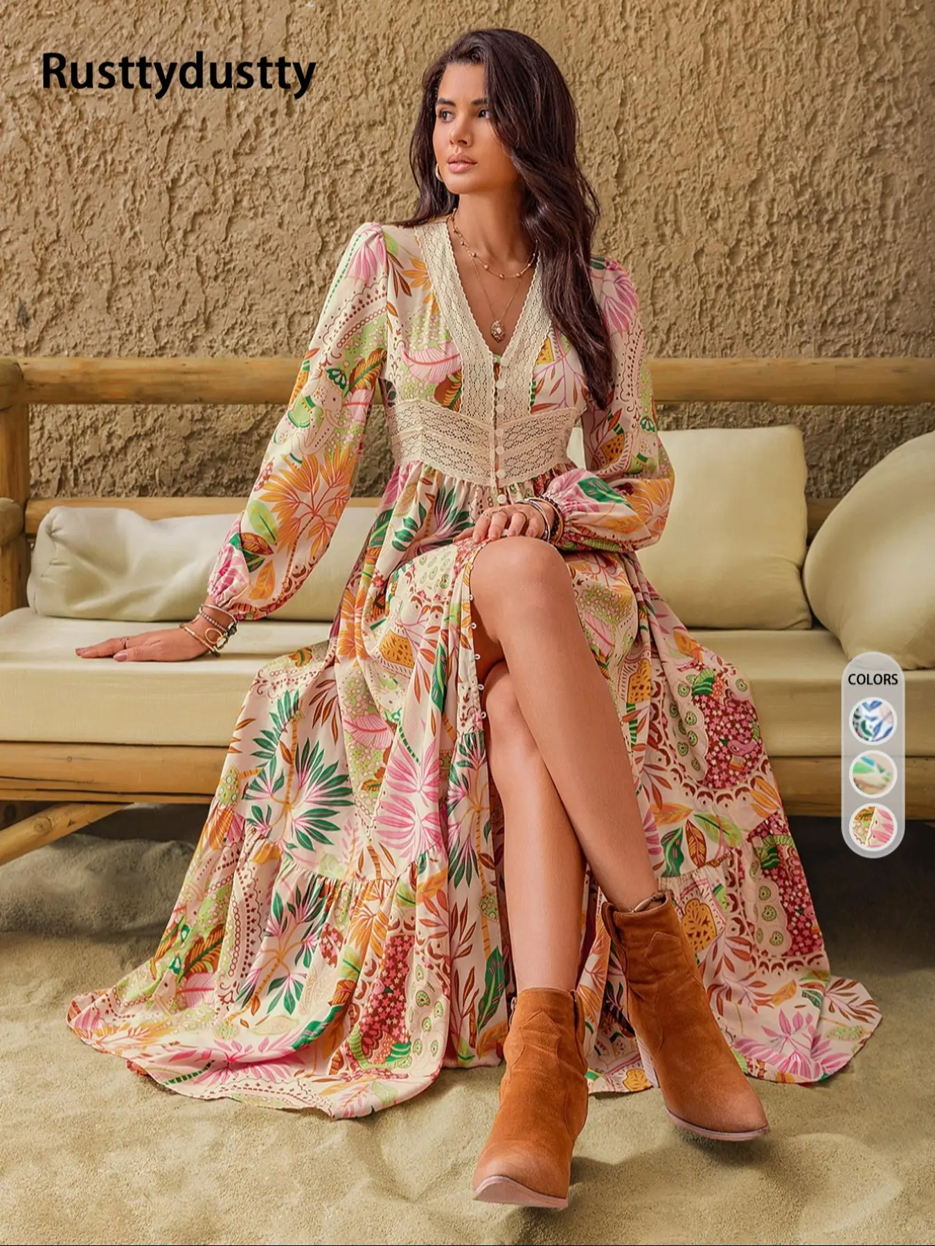 Women's Leaf Print Contrast Lace Button-Front Split Thigh Dress, Elegant Boho Bohemian Bishop Sleeve V-Neck Ruffle Hem Fitted Long Dress for Vacation, Casual Boho Elegant, Ladies Fall & Winter Clothes, Boho Style Clothes, Elegance