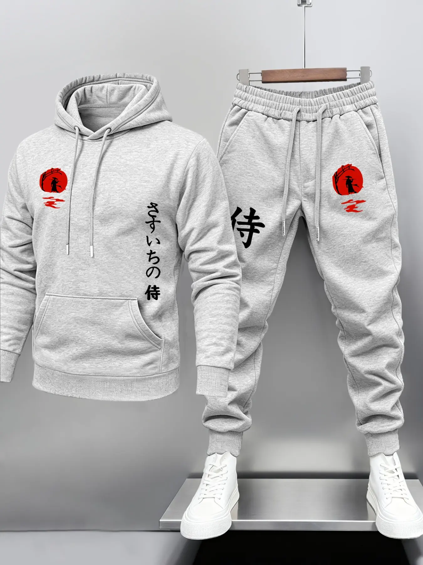Men's Kangaroo Pocket Drawstring Hoodie Set, Samurai Shadow & Japanese Text Print, Casual Streetwear, Fall Winter 2-Piece